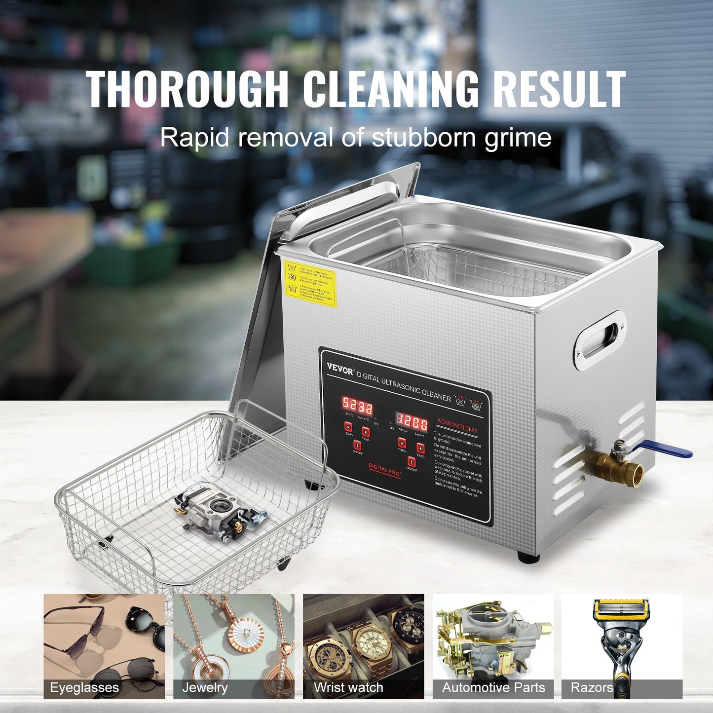 Ultrasonic Cleaner med digital timer och värmare, Professionell Ultra Sonic Smycken Cleaner, Rostfritt stål Uppvärmd rengöringsmaskin för glasögon Klockringar Små delar Kretskort (10L)