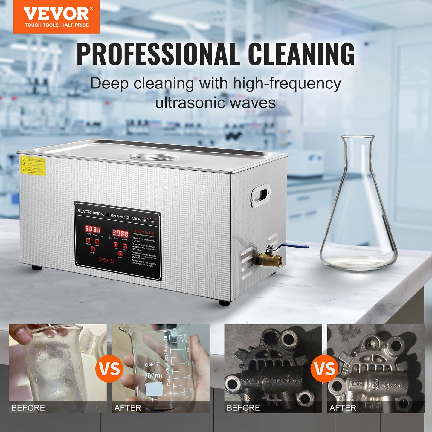 Ultrasonic Cleaner med Digital Timer & Heater, Professionell Ultra Sonic Smycken Cleaner, Rostfritt stål Uppvärmd rengöringsmaskin för glasögon Klockringar Små delar Kretskort (22L)