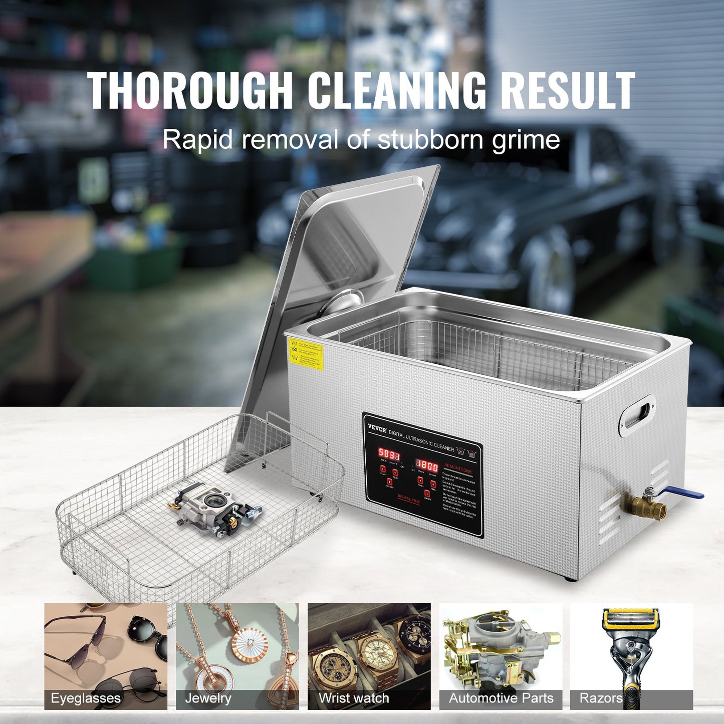 Ultrasonic Cleaner med Digital Timer & Heater, Professionell Ultra Sonic Smycken Cleaner, Rostfritt stål Uppvärmd rengöringsmaskin för glasögon Klockringar Små delar Kretskort (22L)