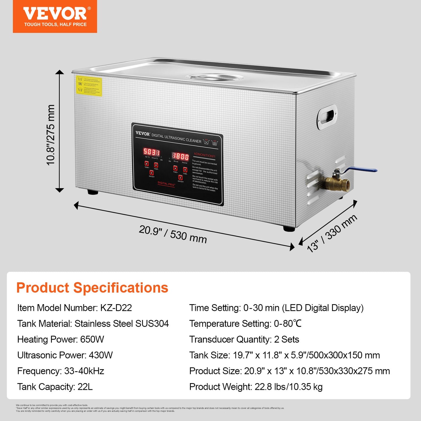 Ultrasonic Cleaner med Digital Timer & Heater, Professionell Ultra Sonic Smycken Cleaner, Rostfritt stål Uppvärmd rengöringsmaskin för glasögon Klockringar Små delar Kretskort (22L)