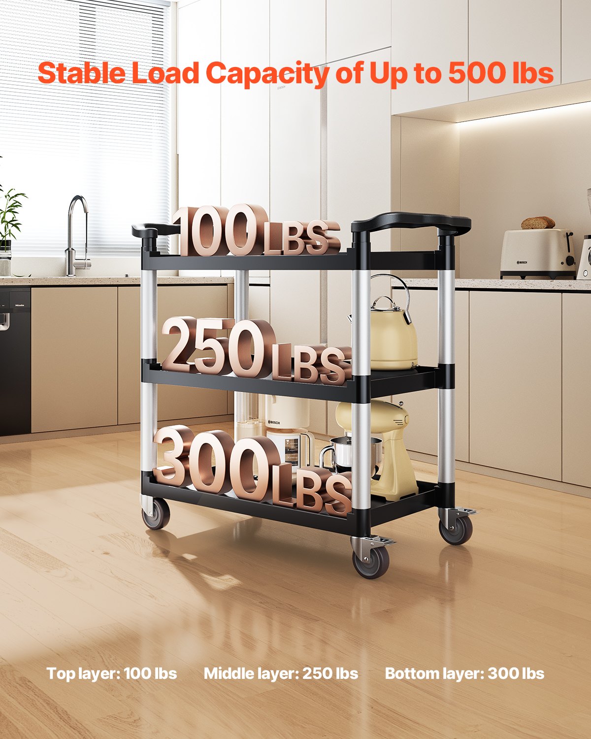 Heavy Duty Utility Cart 500 lbs Kapacitet 3-lagers servicevagn med hjul