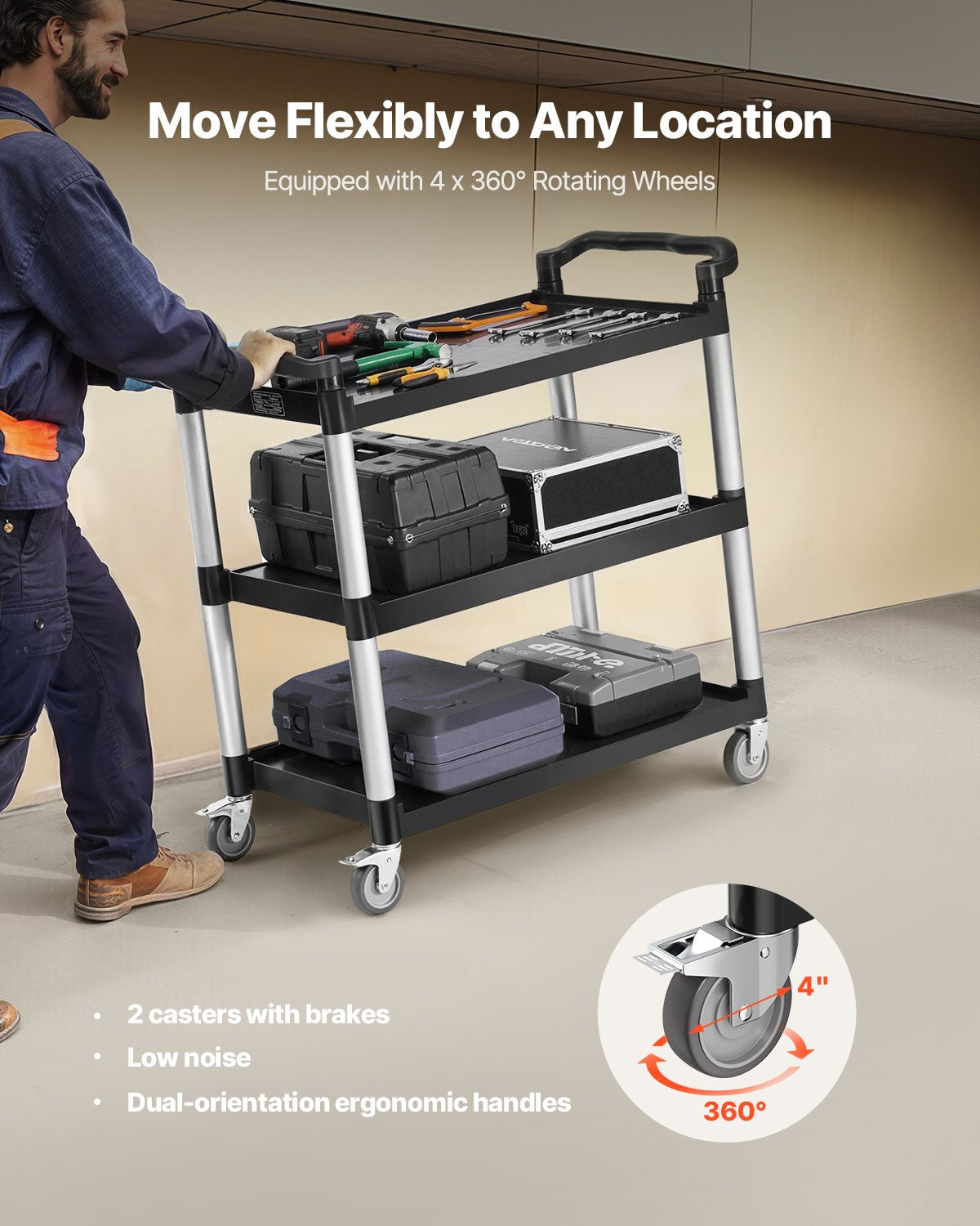 Heavy Duty Utility Cart 500 lbs Kapacitet 3-lagers servicevagn med hjul
