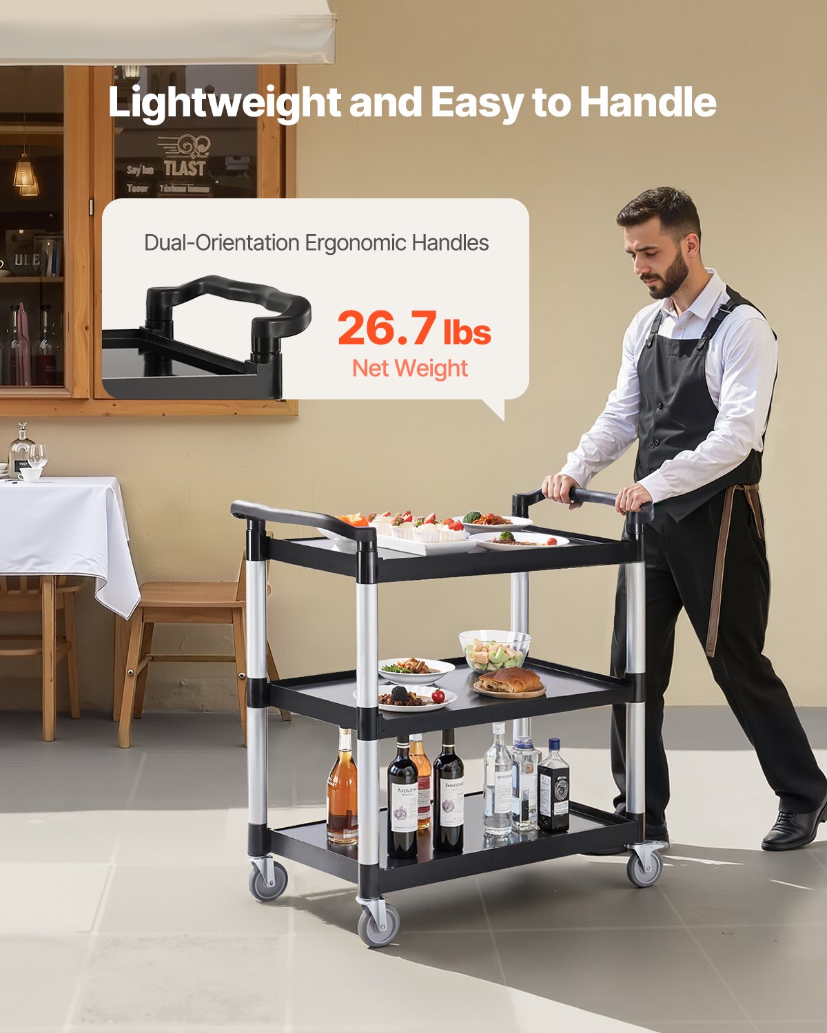 Heavy Duty Utility Cart 500 lbs Kapacitet 3-lagers servicevagn med hjul