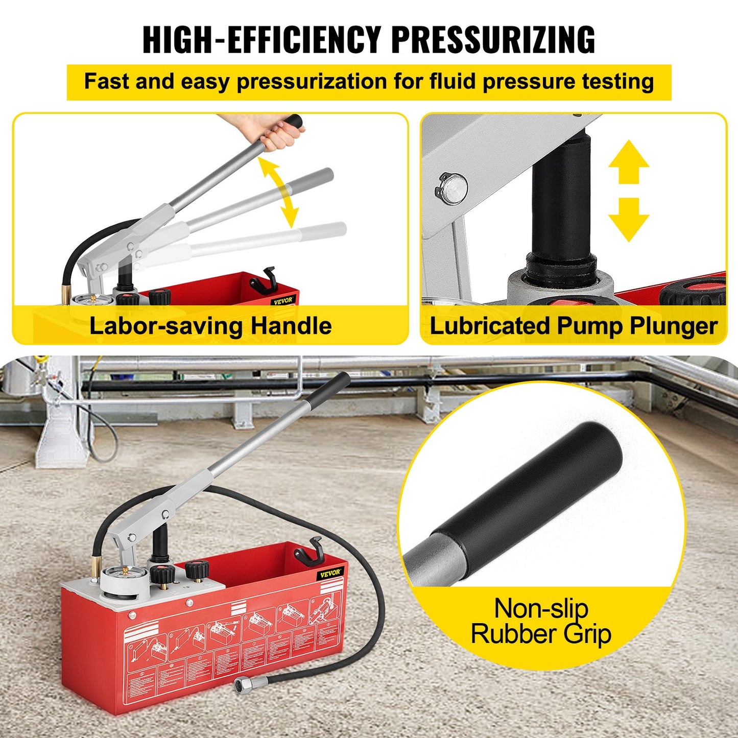 Hydrostatic pressure test pump, test up to 25 bar/2.5 MPa, 3.2 gallon tank, hydraulic manual water pressure test kit with two-unit gauge and R 1/2" connection, for testing pipeline fluid pressure