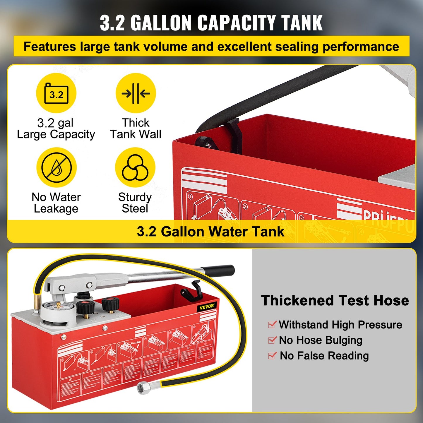 Hydrostatic pressure test pump, test up to 25 bar/2.5 MPa, 3.2 gallon tank, hydraulic manual water pressure test kit with two-unit gauge and R 1/2" connection, for testing pipeline fluid pressure