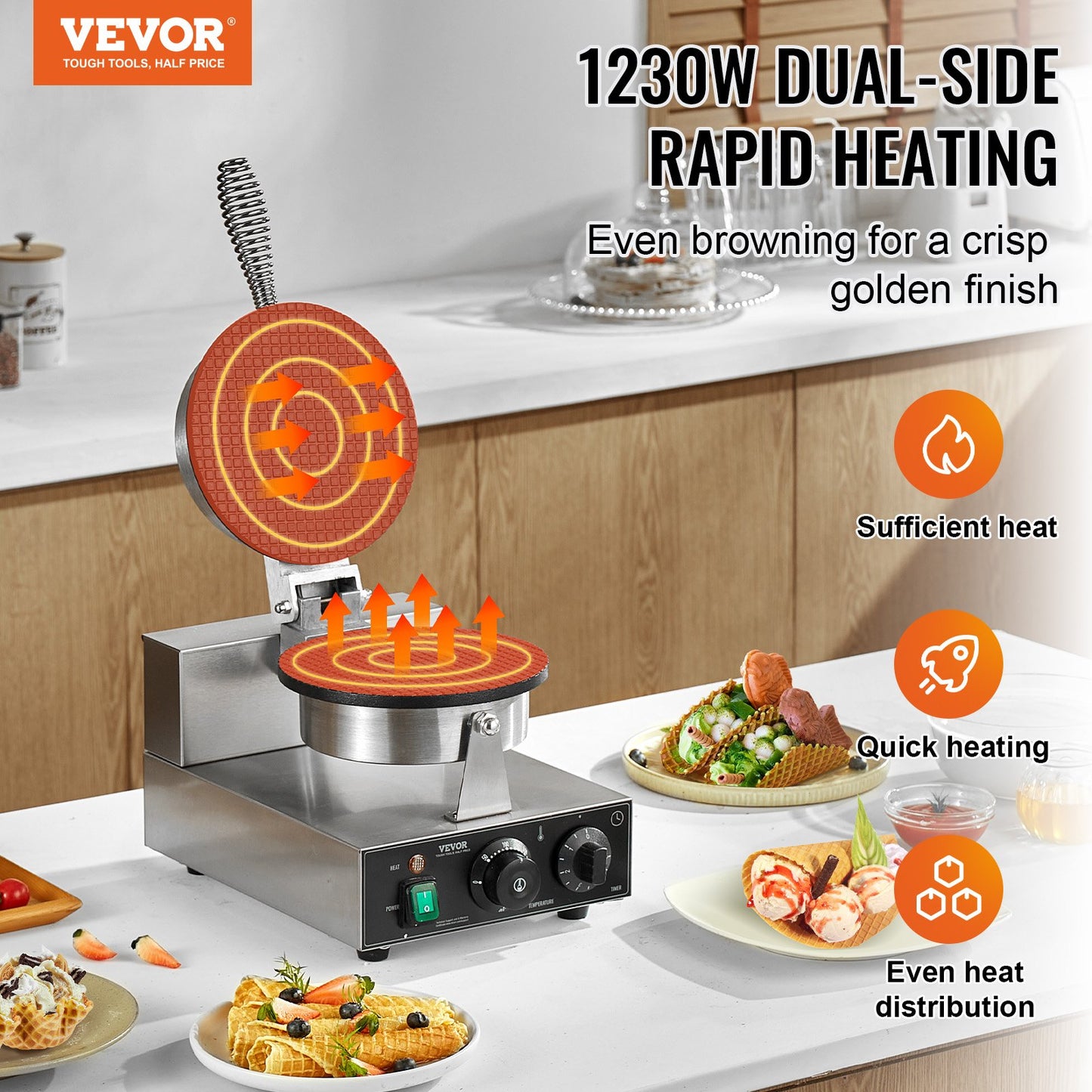 Electric Ice Cream Cone Machine Commercial Waffle Cone Egg Roll Maker 1230W