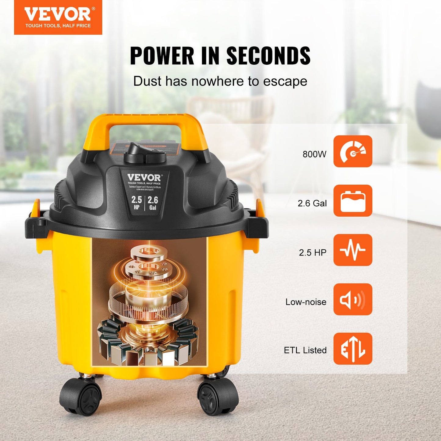 Wet/Dry Shop Vacuum Vac 10L 2 Peak HP med munstyckesrika tillbehör Gul