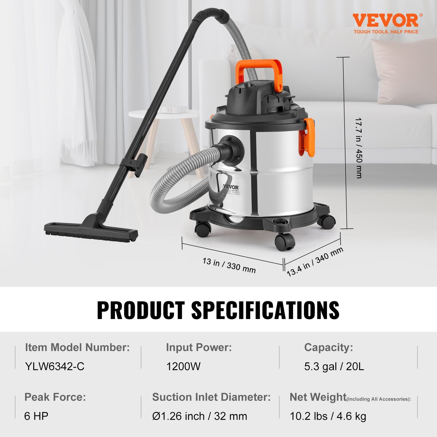 Wet/Dry Shop Vacuum Vac 20L 6 Peak HP med munstycke Rostfritt stål Silver