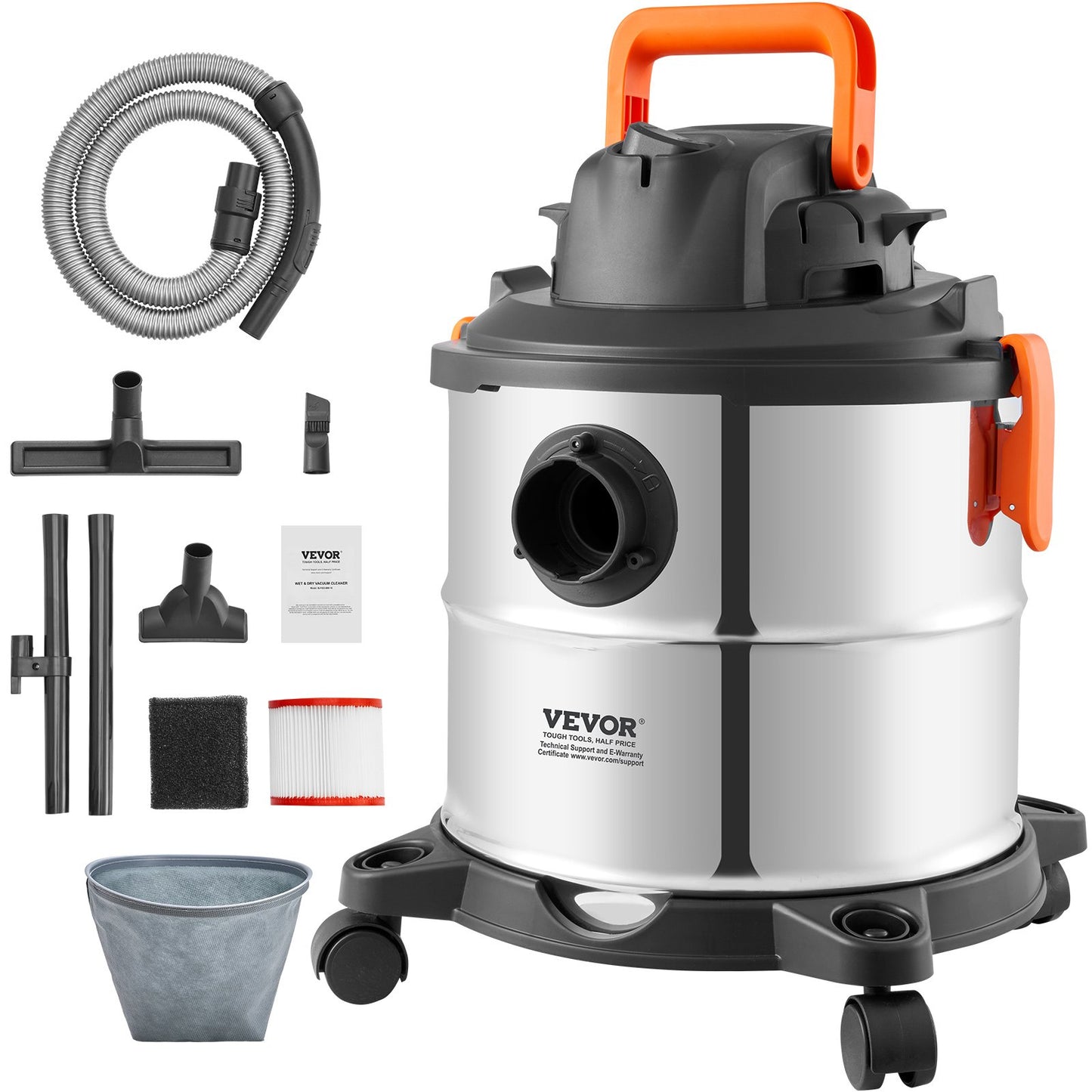 Wet/Dry Shop Vacuum Vac 20L 6 Peak HP med munstycke Rostfritt stål Silver