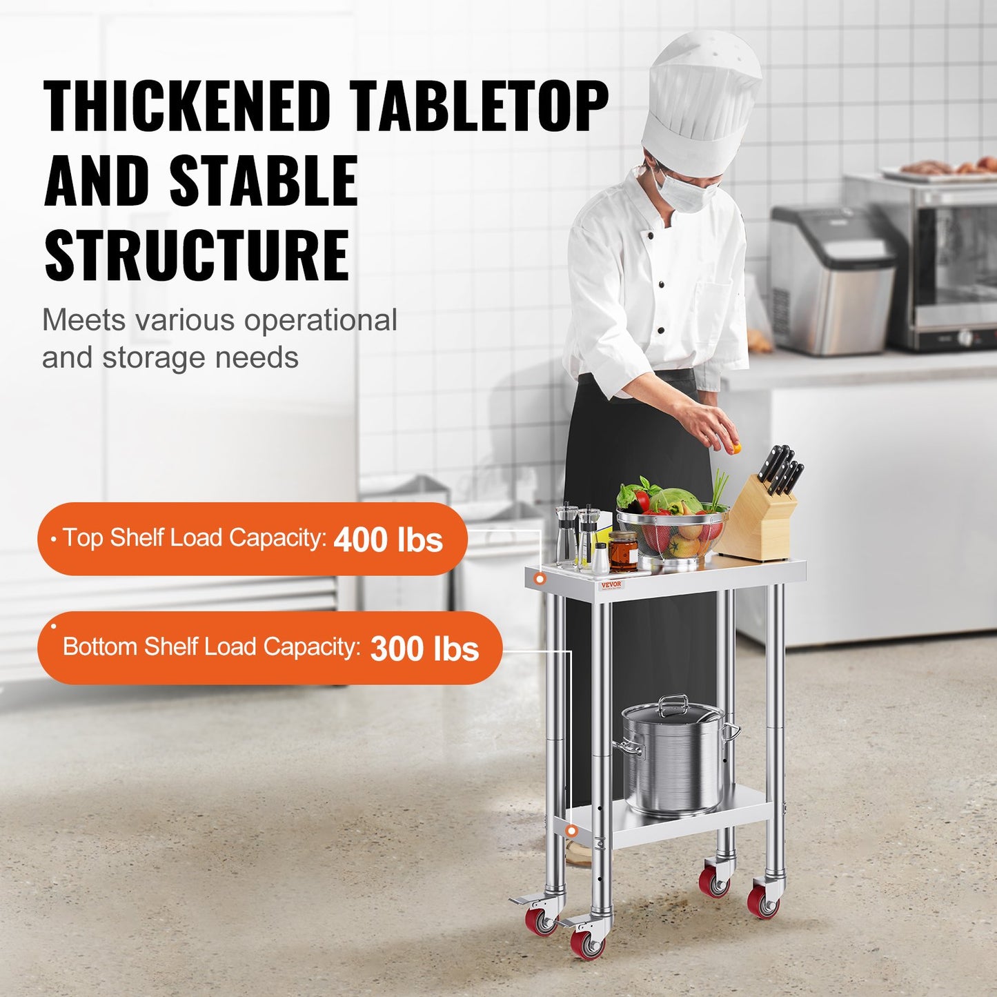 Rostfritt stål Catering Arbetsbord 12x24 tum Kommersiellt arbetsbord med 4 hjul Kommersiell matförberedande arbetsbänk med flexibel justering Hylla för köksförberedande bord