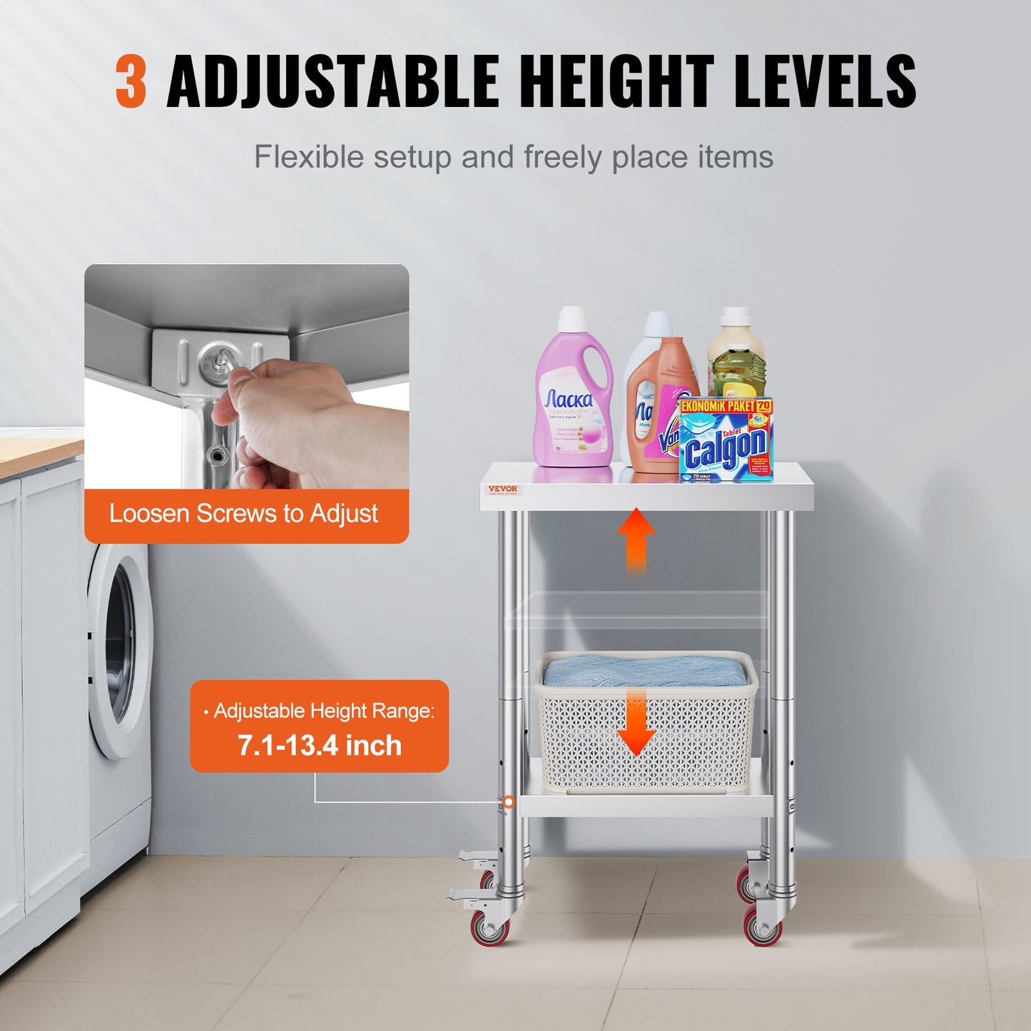 Rostfritt stål Catering Arbetsbord 12x24 tum Kommersiellt arbetsbord med 4 hjul Kommersiell matförberedande arbetsbänk med flexibel justering Hylla för köksförberedande bord