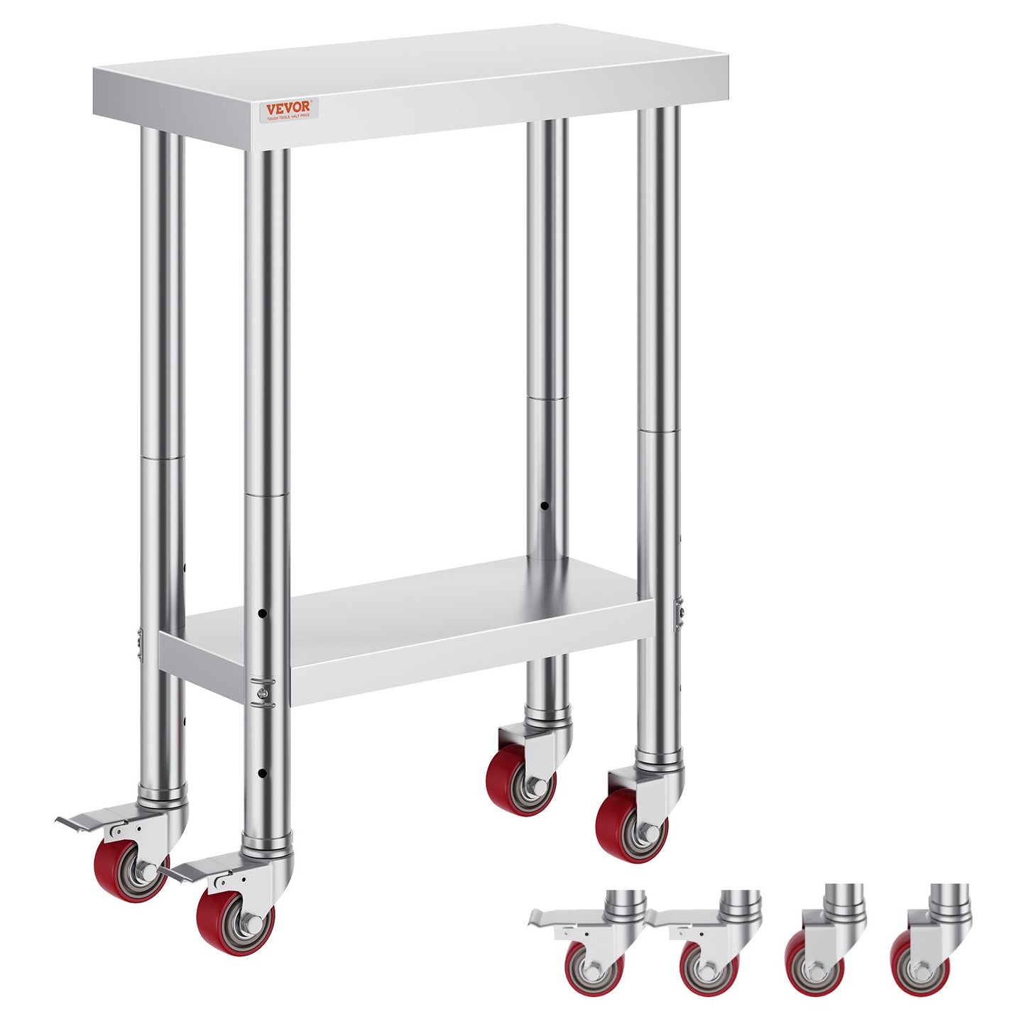 Rostfritt stål Catering Arbetsbord 12x24 tum Kommersiellt arbetsbord med 4 hjul Kommersiell matförberedande arbetsbänk med flexibel justering Hylla för köksförberedande bord