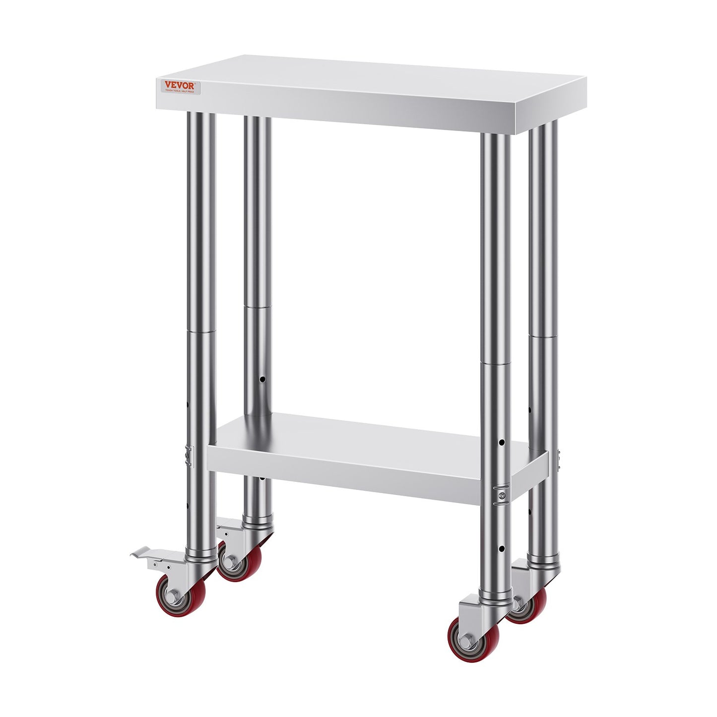 Rostfritt stål Catering Arbetsbord 12x24 tum Kommersiellt arbetsbord med 4 hjul Kommersiell matförberedande arbetsbänk med flexibel justering Hylla för köksförberedande bord