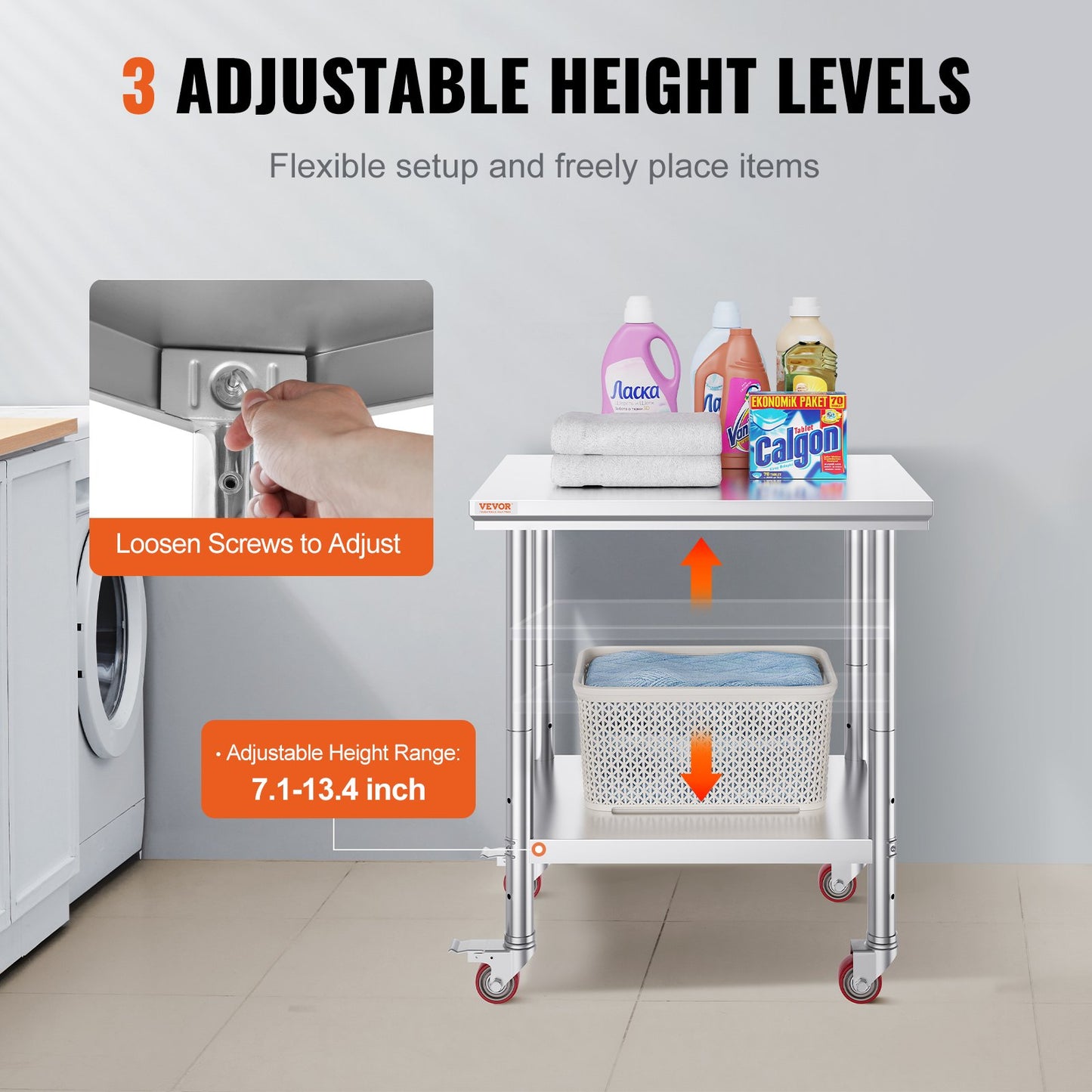 Rostfritt stål Catering Arbetsbord 30x24 tum Kommersiellt arbetsbord med 4 hjul Kommersiell matberedningsarbetsbänk med flexibel justering Hylla för köksbord