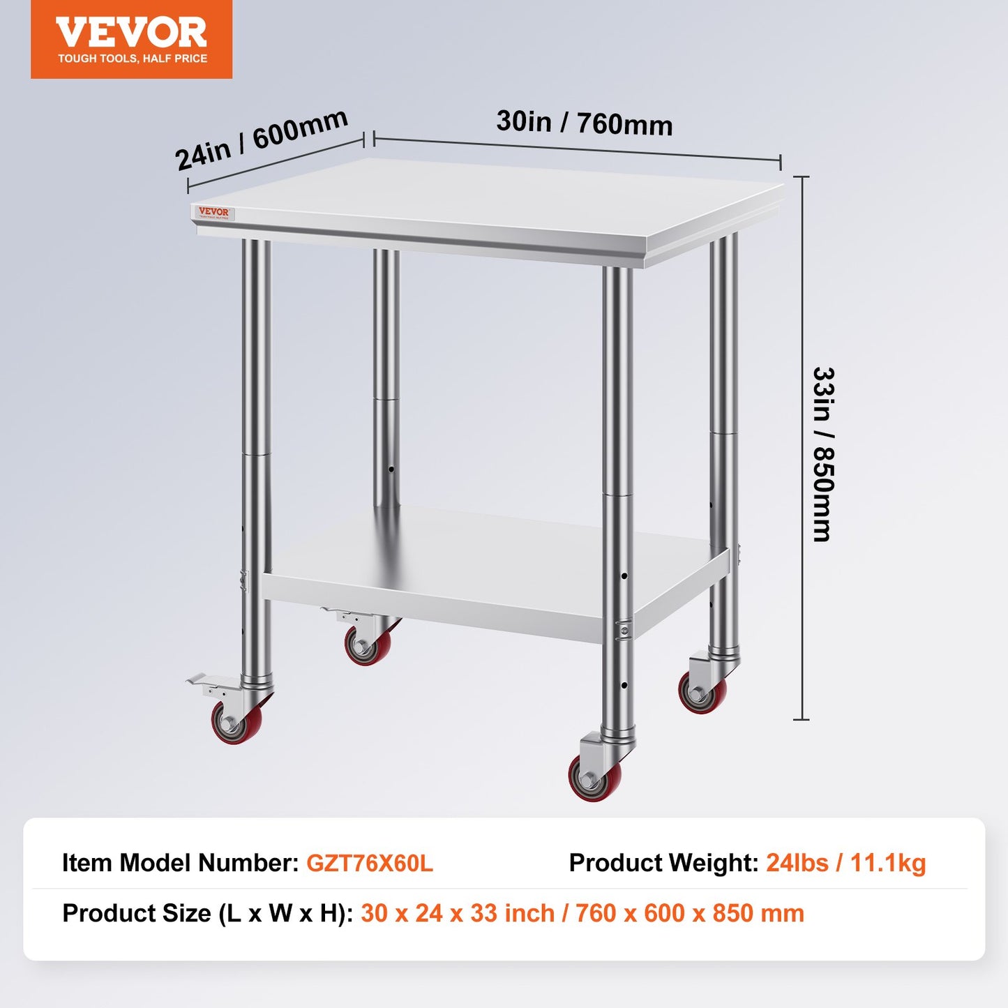 Rostfritt stål Catering Arbetsbord 30x24 tum Kommersiellt arbetsbord med 4 hjul Kommersiell matberedningsarbetsbänk med flexibel justering Hylla för köksbord