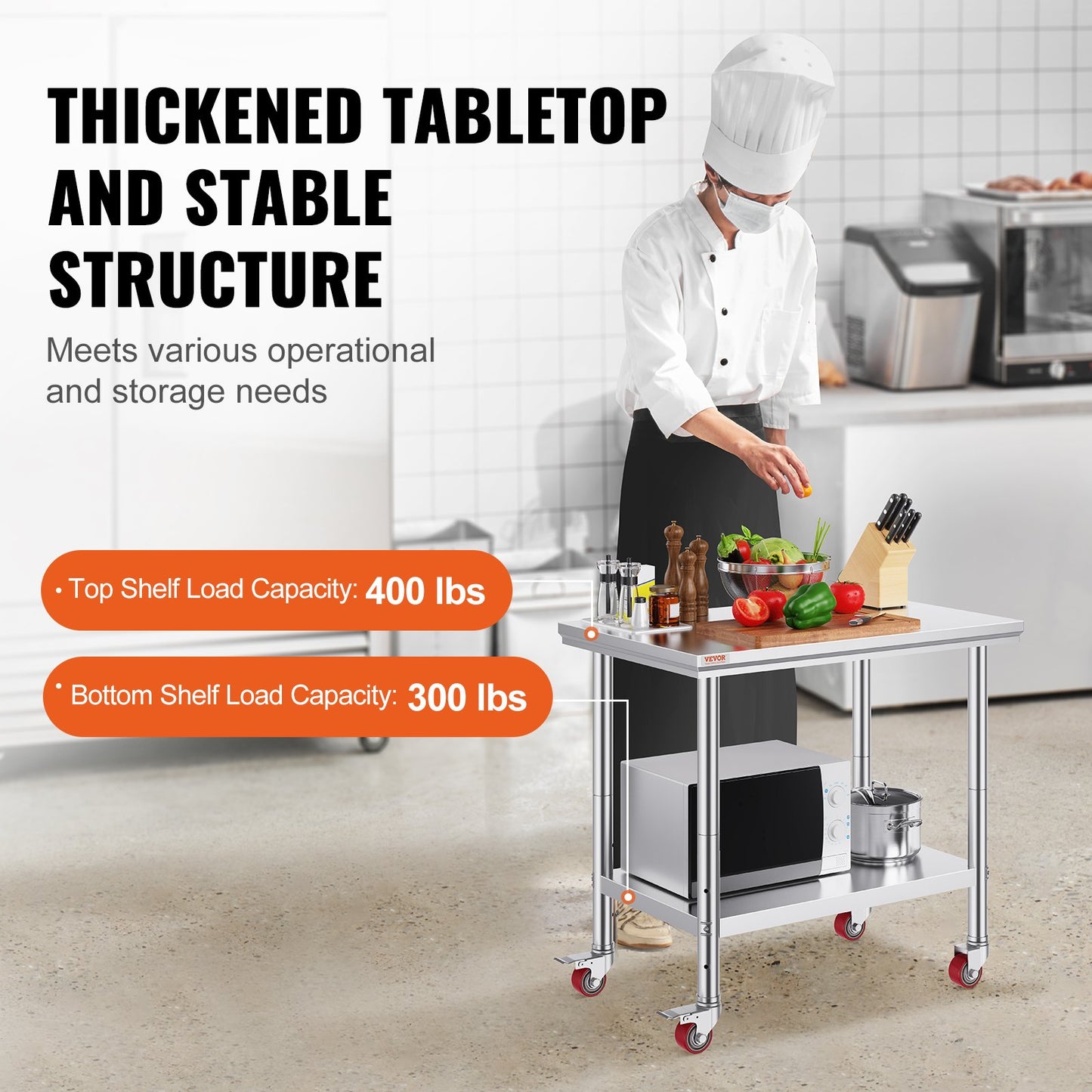 Stainless Steel Catering Work Table 36x24 Inch Commercial Work Table with 4 Wheels Commercial Food Preparation Workbench with Flexible Adjustment Shelf for Kitchen Prep Table