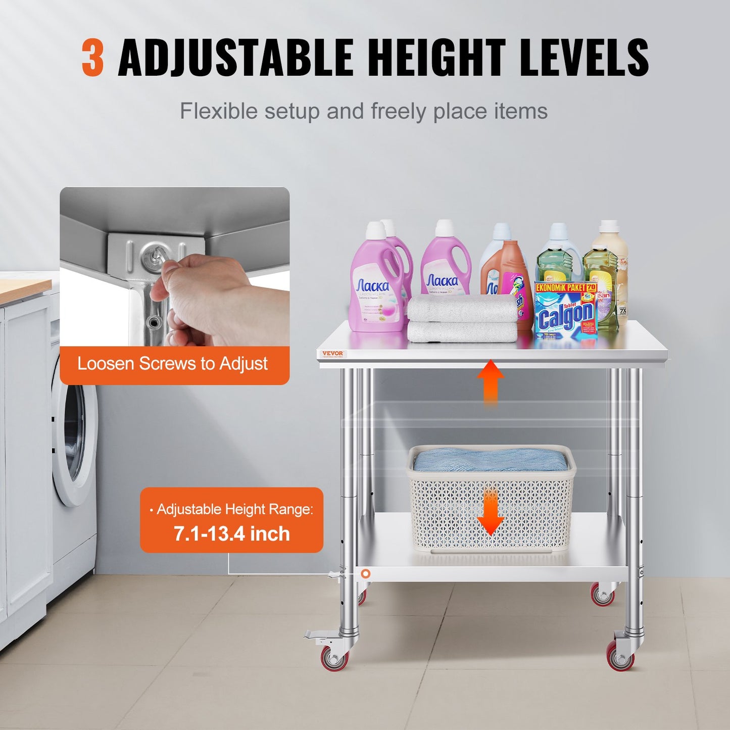 Stainless Steel Catering Work Table 36x24 Inch Commercial Work Table with 4 Wheels Commercial Food Preparation Workbench with Flexible Adjustment Shelf for Kitchen Prep Table
