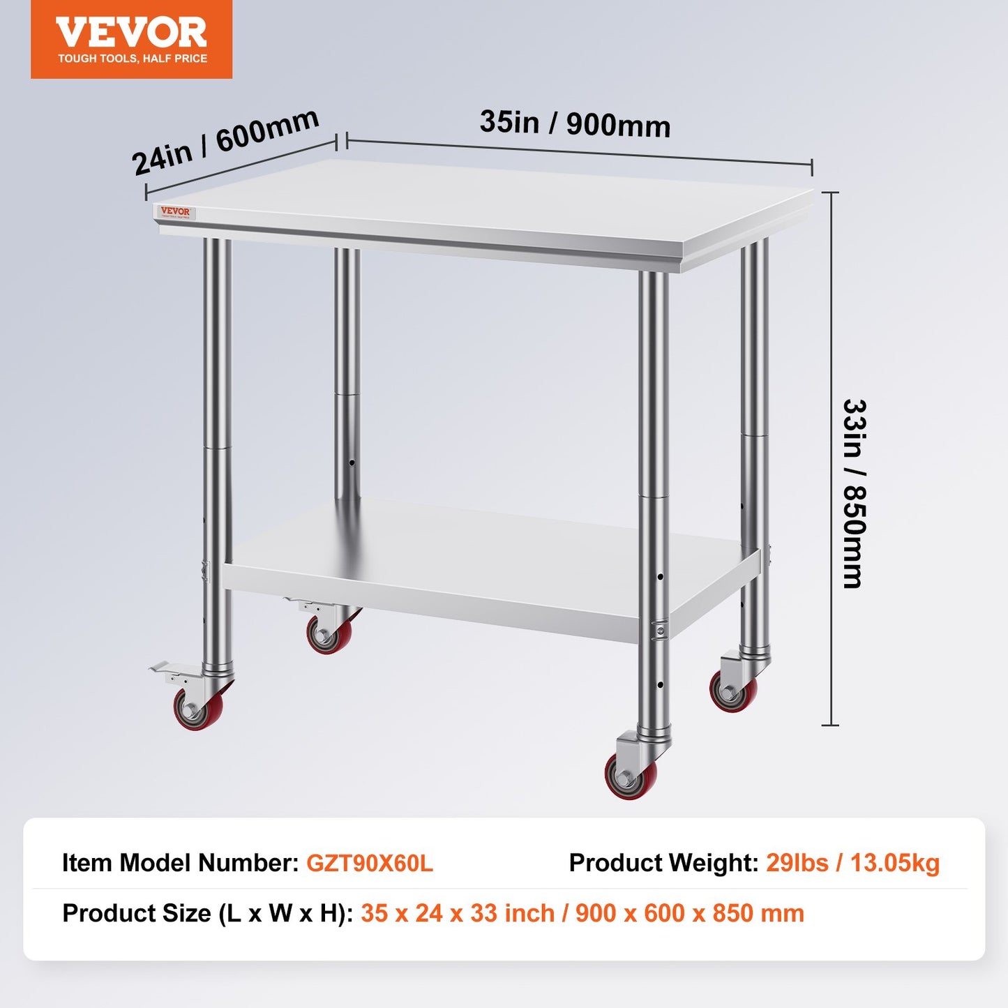 Stainless Steel Catering Work Table 36x24 Inch Commercial Work Table with 4 Wheels Commercial Food Preparation Workbench with Flexible Adjustment Shelf for Kitchen Prep Table