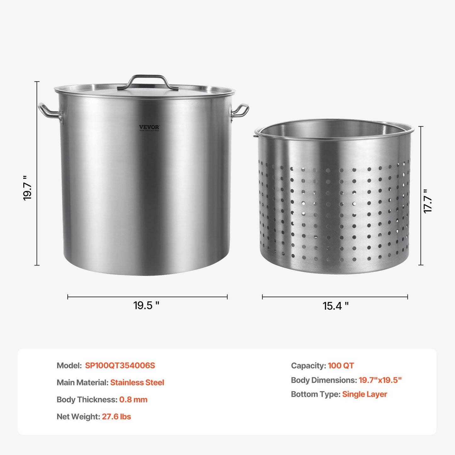 100QT Stockpot i rostfritt stål Matlagning Köksåsgryta med korglock