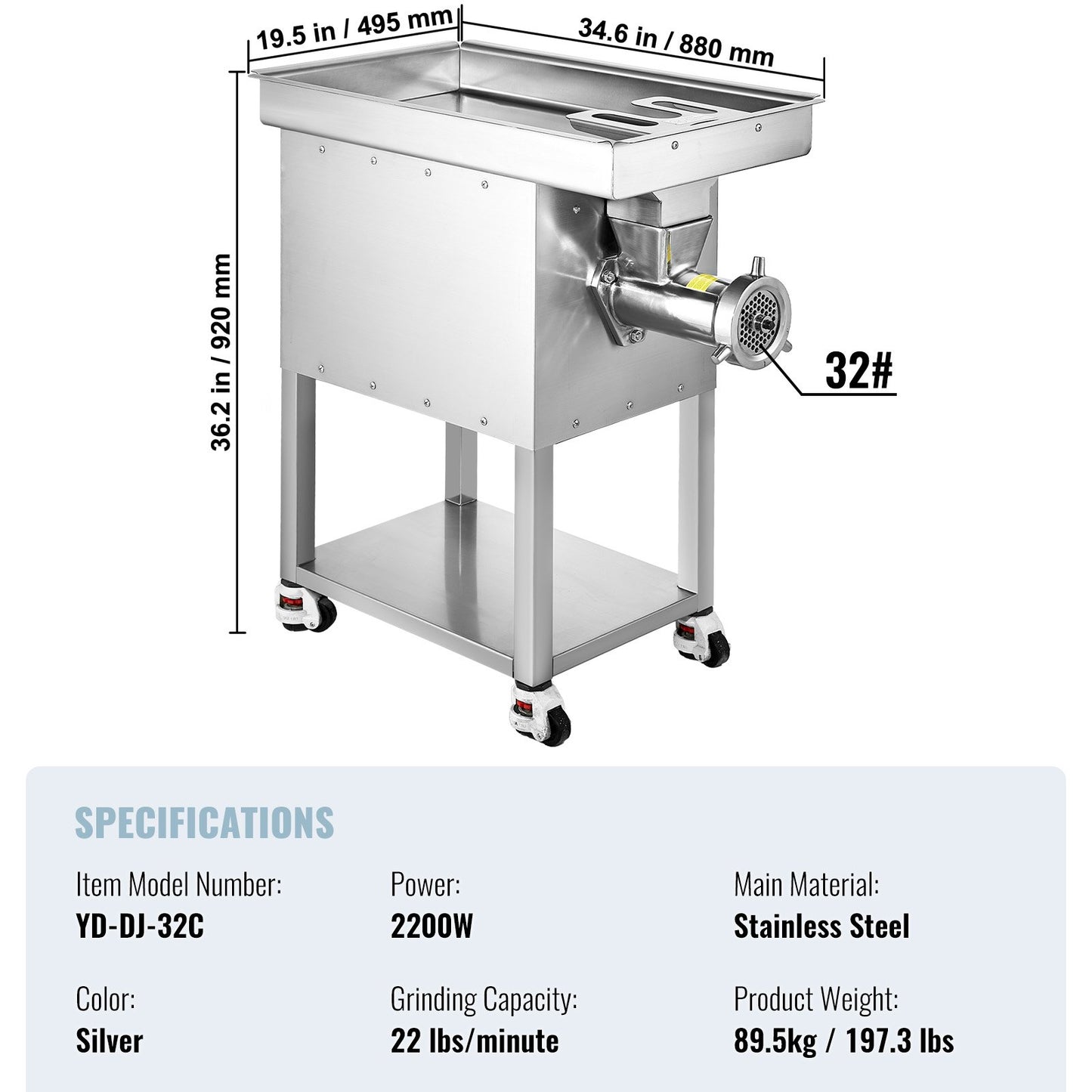 Commercial Electric Meat Grinder 22Lb/Min 2200W Industrial Cabinet Grinder