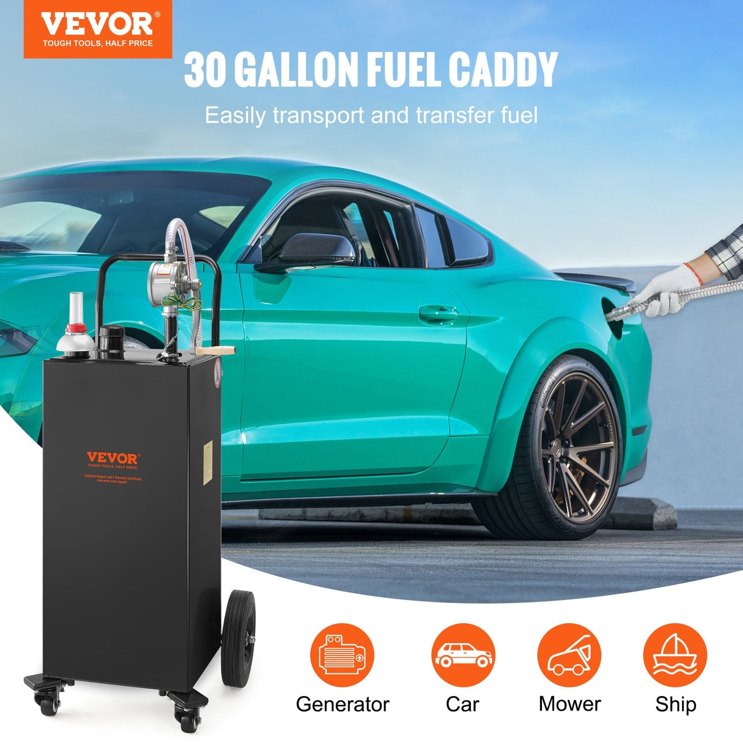 30 Gallon Fuel Caddy, gaslagringstank och 4 hjul, med manuell överföringspump, bensindieselbränslebehållare för bilar, gräsklippare, terränghjulingar, båtar, mer, svart