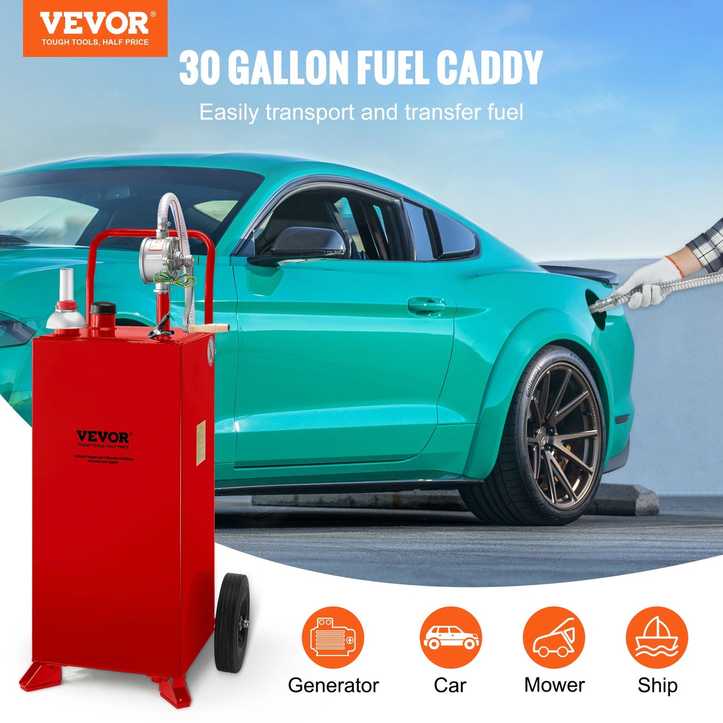 30 Gallon Fuel Caddy, bränsletank på 2 hjul, Portable Gas Caddy med manuell överföringspump, bensin dieselbränslebehållare för bilar, gräsklippare, terränghjulingar, båtar, mer, röd