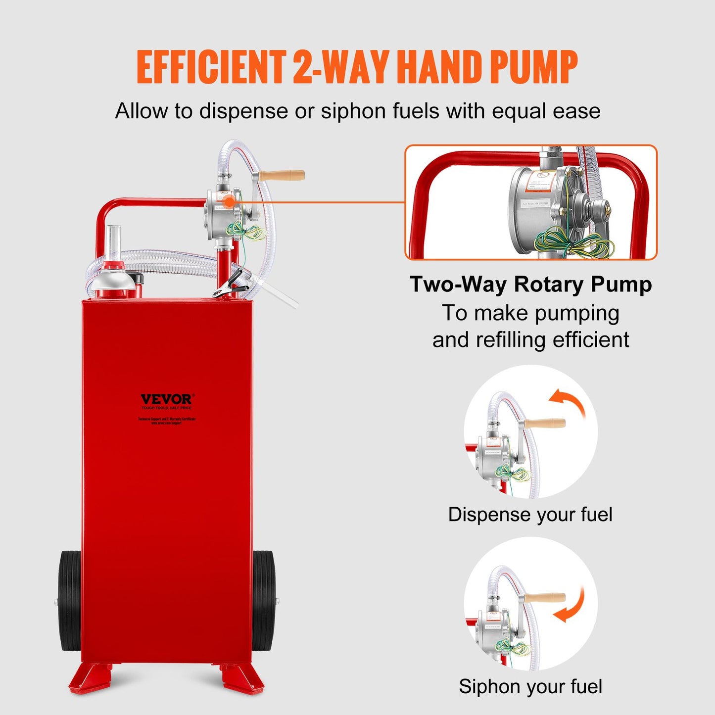 30 Gallon Fuel Caddy, bränsletank på 2 hjul, Portable Gas Caddy med manuell överföringspump, bensin dieselbränslebehållare för bilar, gräsklippare, terränghjulingar, båtar, mer, röd