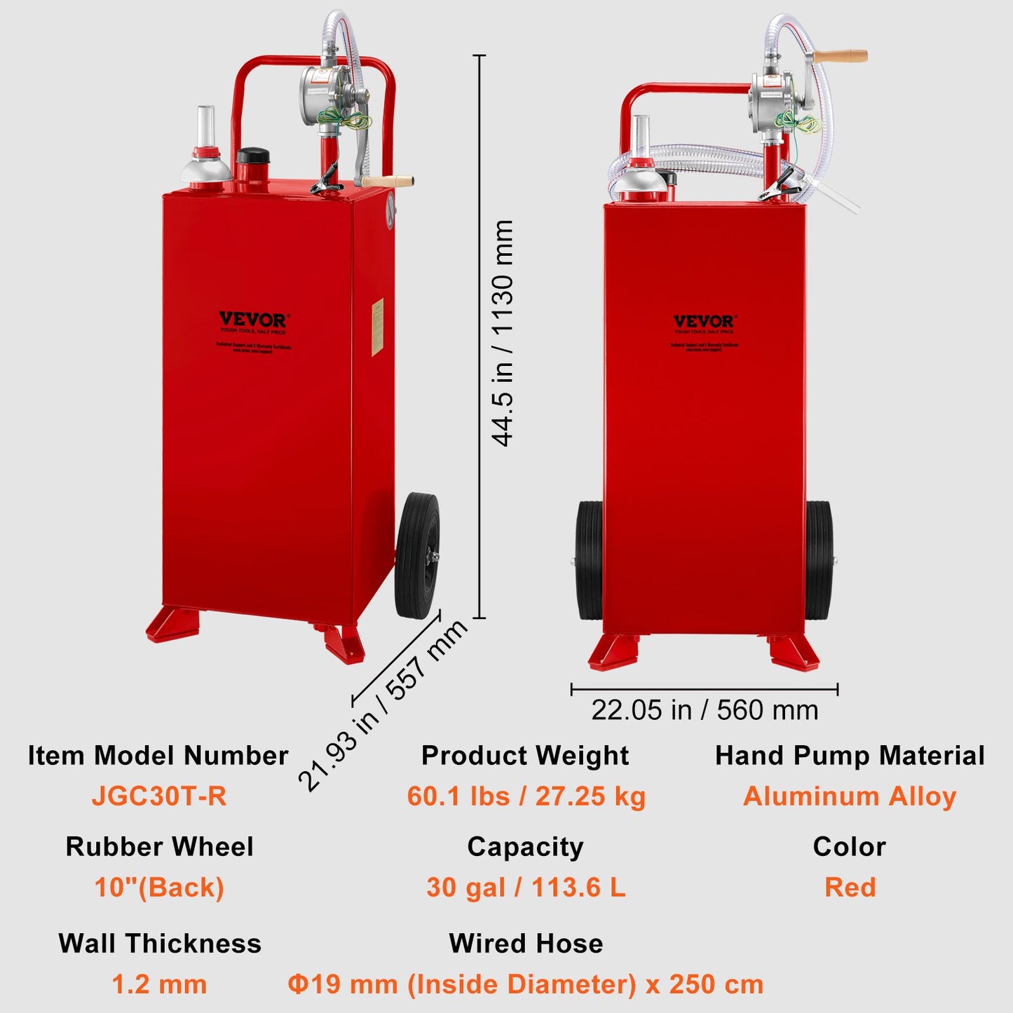 30 Gallon Fuel Caddy, bränsletank på 2 hjul, Portable Gas Caddy med manuell överföringspump, bensin dieselbränslebehållare för bilar, gräsklippare, terränghjulingar, båtar, mer, röd