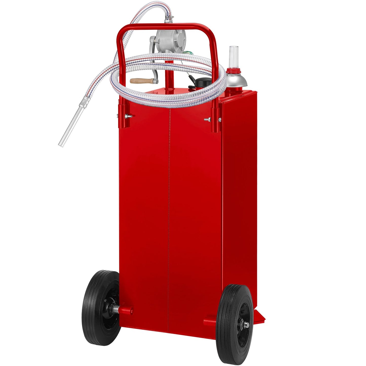 30 Gallon Fuel Caddy, bränsletank på 2 hjul, Portable Gas Caddy med manuell överföringspump, bensin dieselbränslebehållare för bilar, gräsklippare, terränghjulingar, båtar, mer, röd