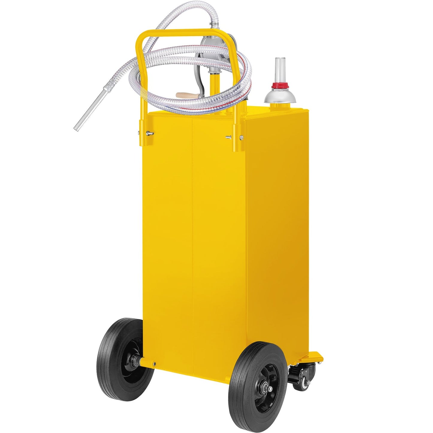 30 gallon bränslebehållare, gaslagringstank och 4 hjul, med manuell överföringspump, bensindieselbränslebehållare för bilar, gräsklippare, terränghjulingar, båtar, mer, gul