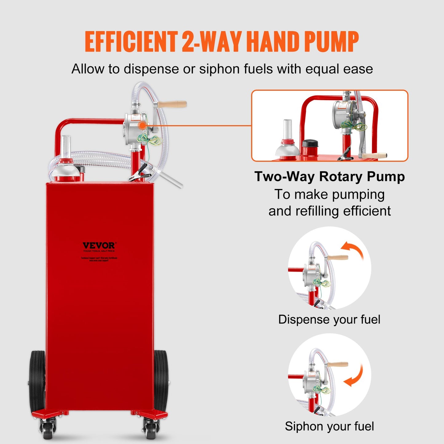 Fuel Caddy, 35 gallon, gaslagringstank på 4 hjul, med manuell överföringspump, bensindieselbränslebehållare för bilar, gräsklippare, terränghjulingar, båtar, mer, röd