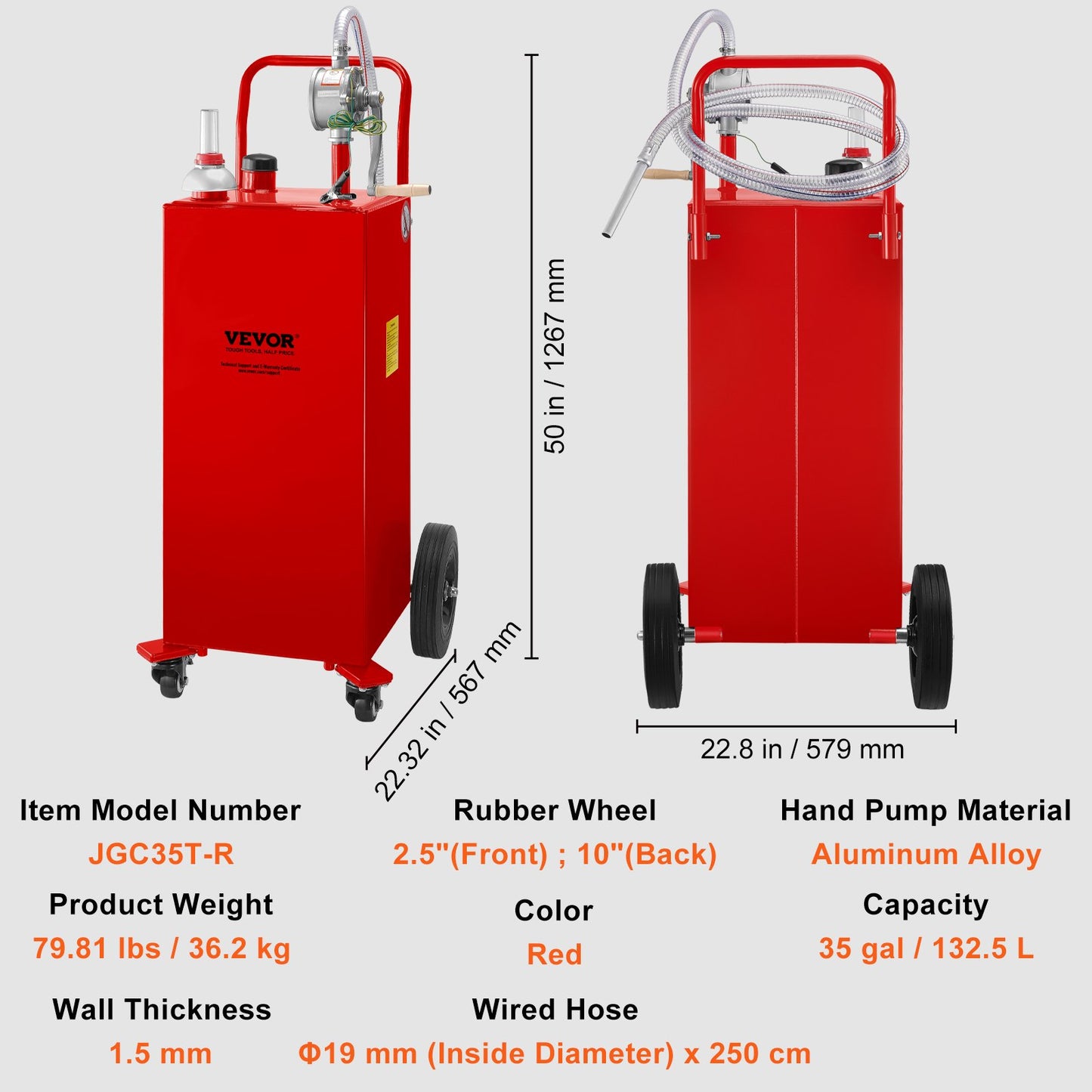 Fuel Caddy, 35 gallon, gaslagringstank på 4 hjul, med manuell överföringspump, bensindieselbränslebehållare för bilar, gräsklippare, terränghjulingar, båtar, mer, röd