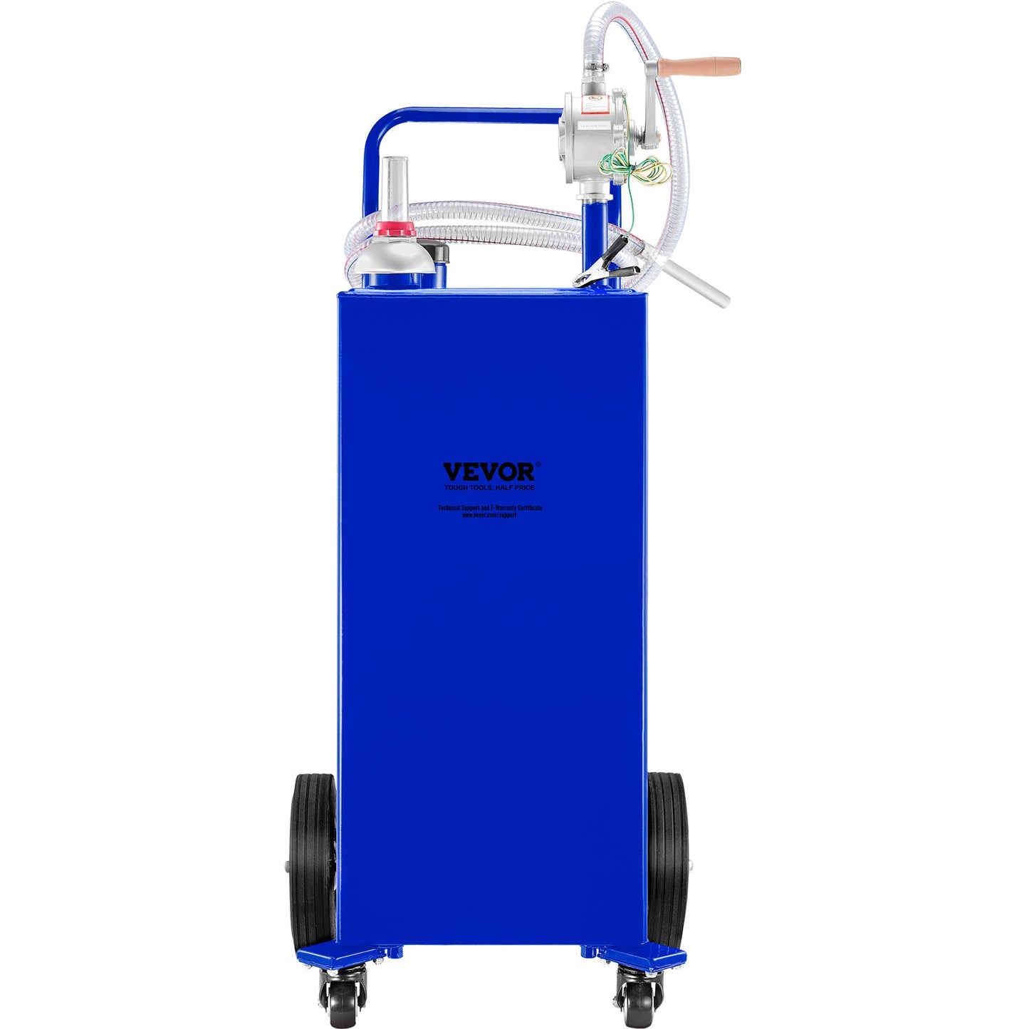30 gallon bränslebehållare, gaslagringstank och 4 hjul, med manuell överföringspump, bensindieselbränslebehållare för bilar, gräsklippare, terränghjulingar, båtar, mer, blå