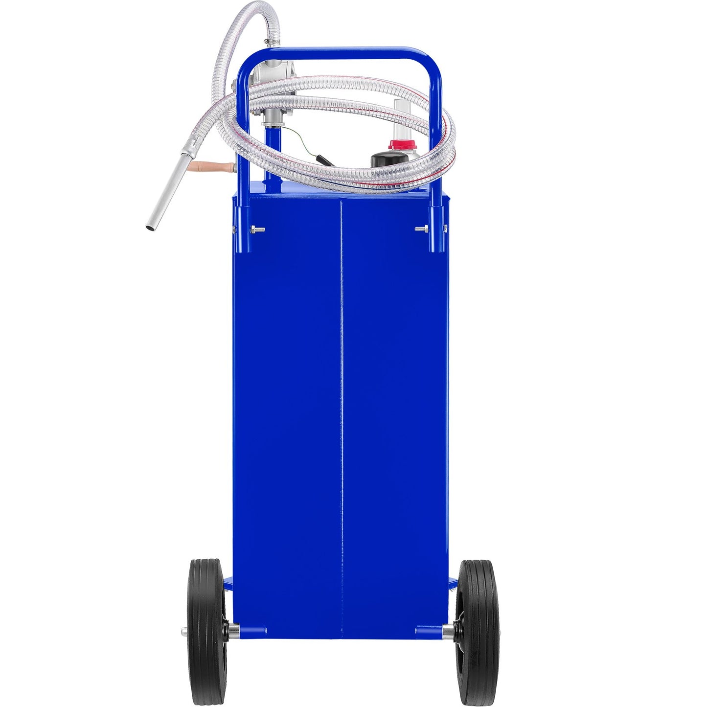 30 gallon bränslebehållare, gaslagringstank och 4 hjul, med manuell överföringspump, bensindieselbränslebehållare för bilar, gräsklippare, terränghjulingar, båtar, mer, blå