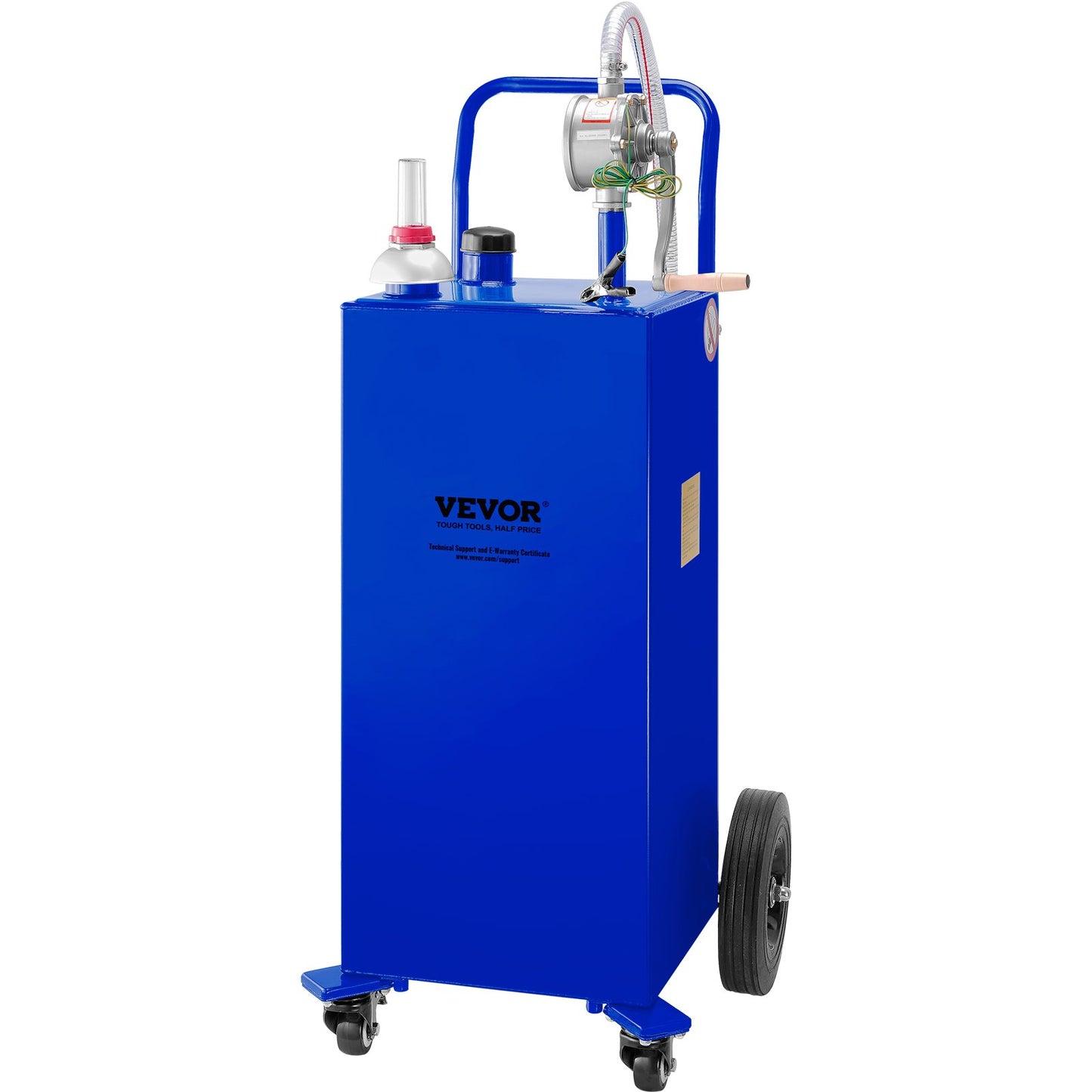 30 gallon bränslebehållare, gaslagringstank och 4 hjul, med manuell överföringspump, bensindieselbränslebehållare för bilar, gräsklippare, terränghjulingar, båtar, mer, blå
