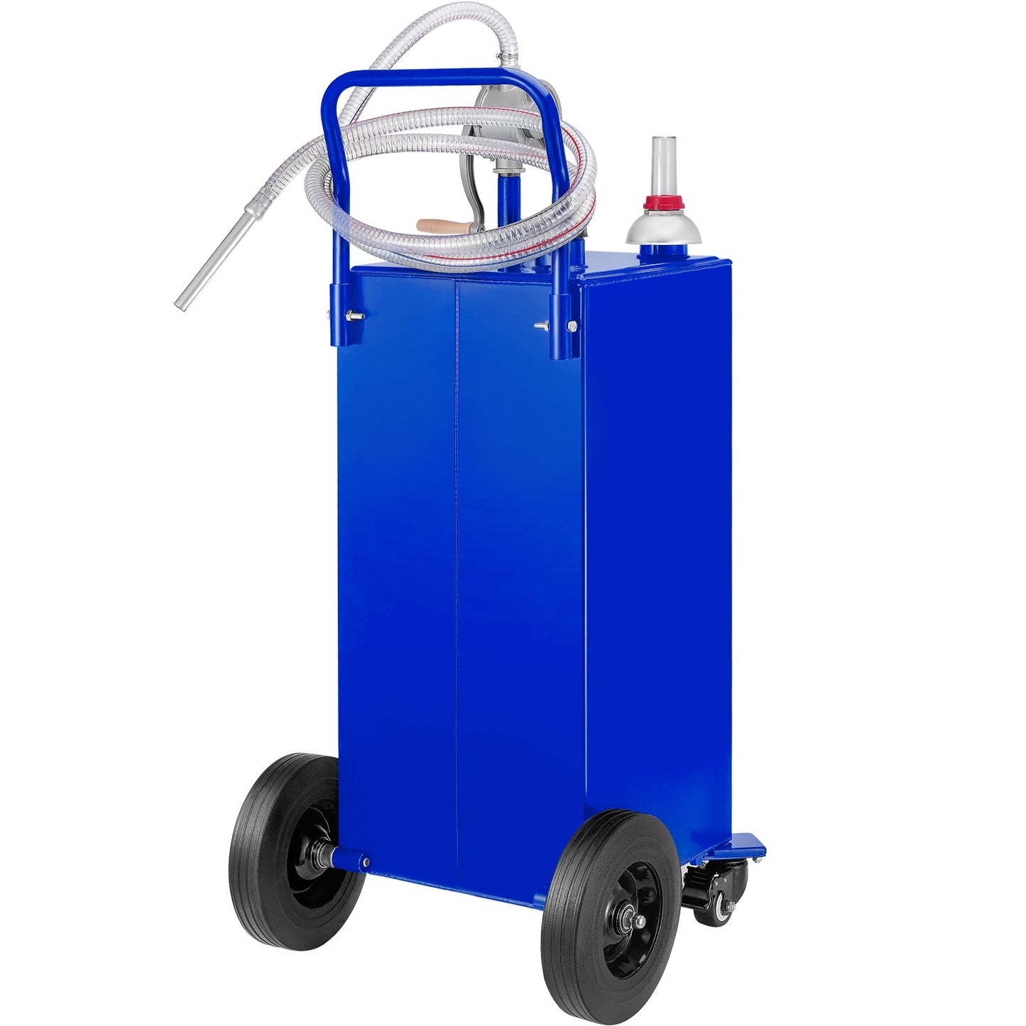 30 gallon bränslebehållare, gaslagringstank och 4 hjul, med manuell överföringspump, bensindieselbränslebehållare för bilar, gräsklippare, terränghjulingar, båtar, mer, blå