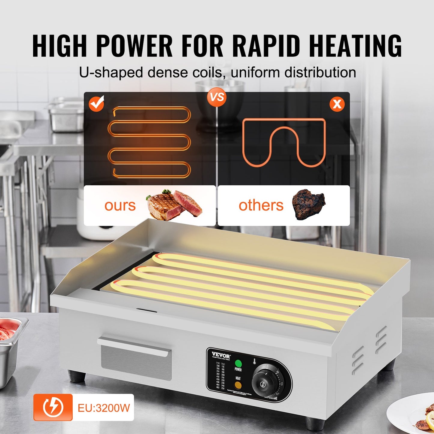 Commercial Electric Grill 3200W Bänkskiva Halv-Plat Top Grill 122℉-572℉