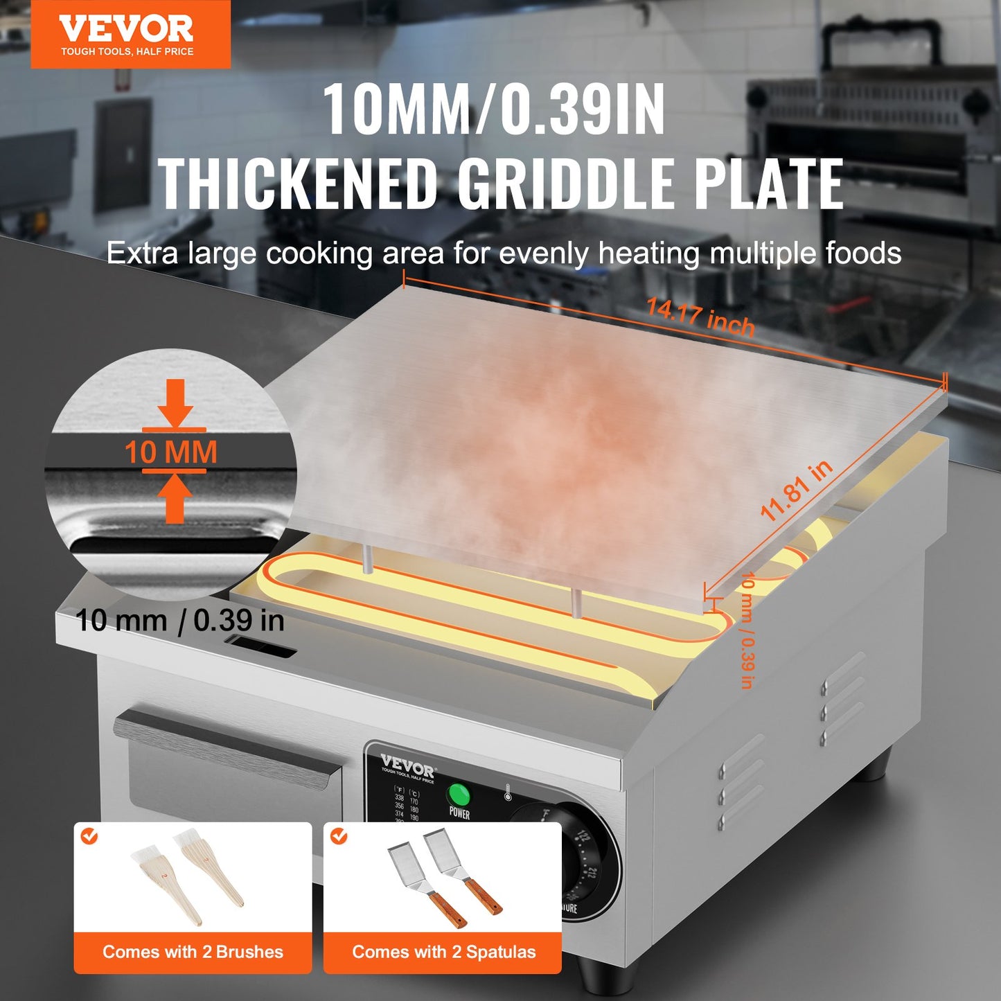 Kommersiell elektrisk grill 2000 W bänkskiva platt grill 122℉-572℉