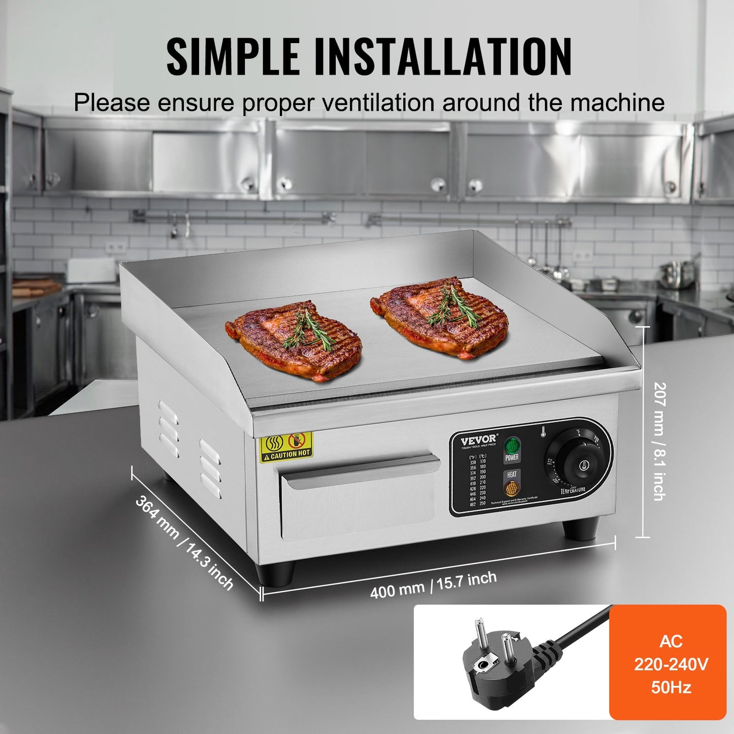 Kommersiell elektrisk grill 2000 W bänkskiva platt grill 122℉-572℉