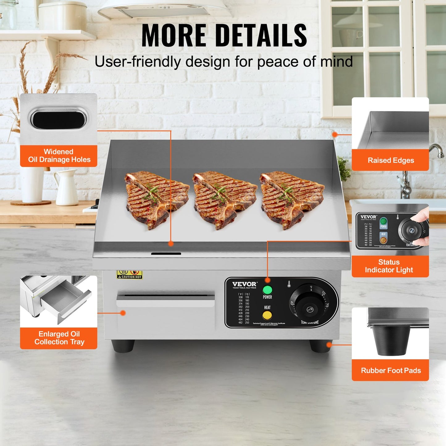 Kommersiell elektrisk grill 2000 W bänkskiva platt grill 122℉-572℉
