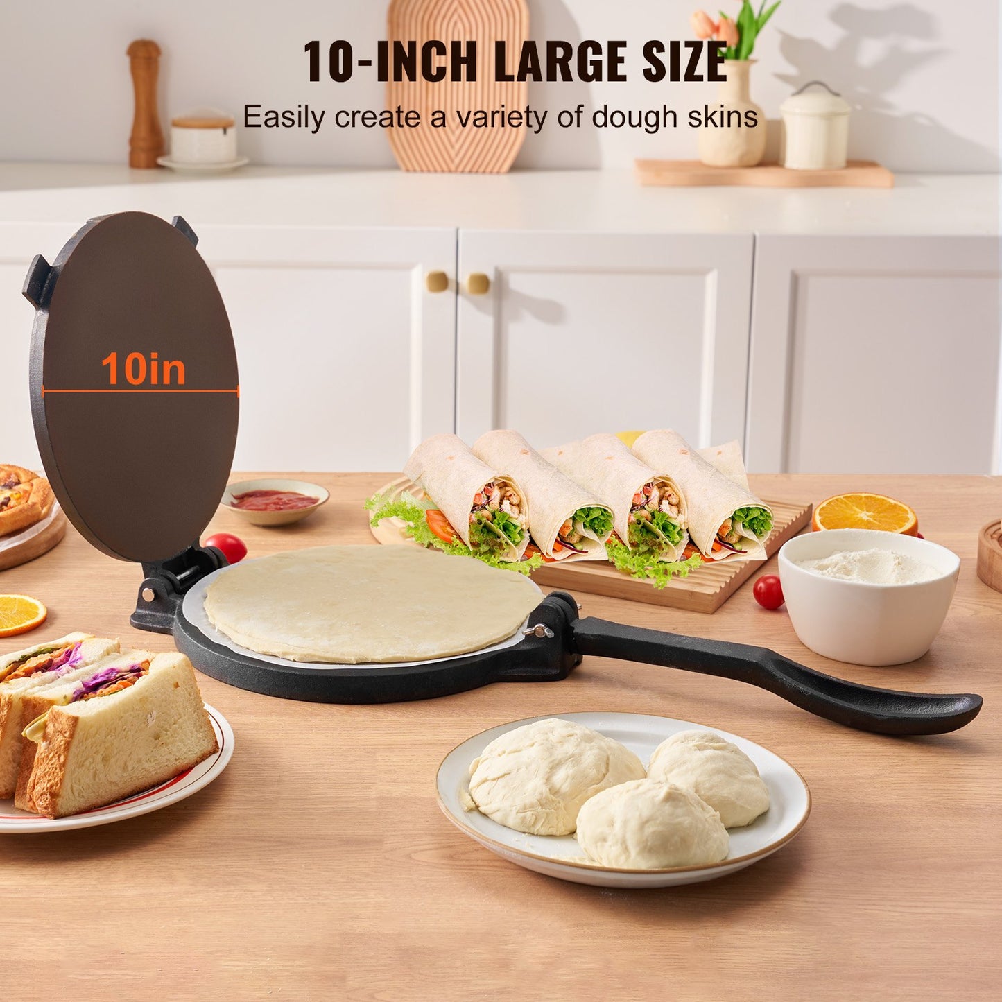 Tortilla Press, 10 tums Tortilla och Roti Maker, Gjutjärn Heavy Duty Tortilladora Press, förkryddad Pataconera Maker med 100 st pergamentpapper, degmaskin för mjöl Tortilla, Tawa, Silver