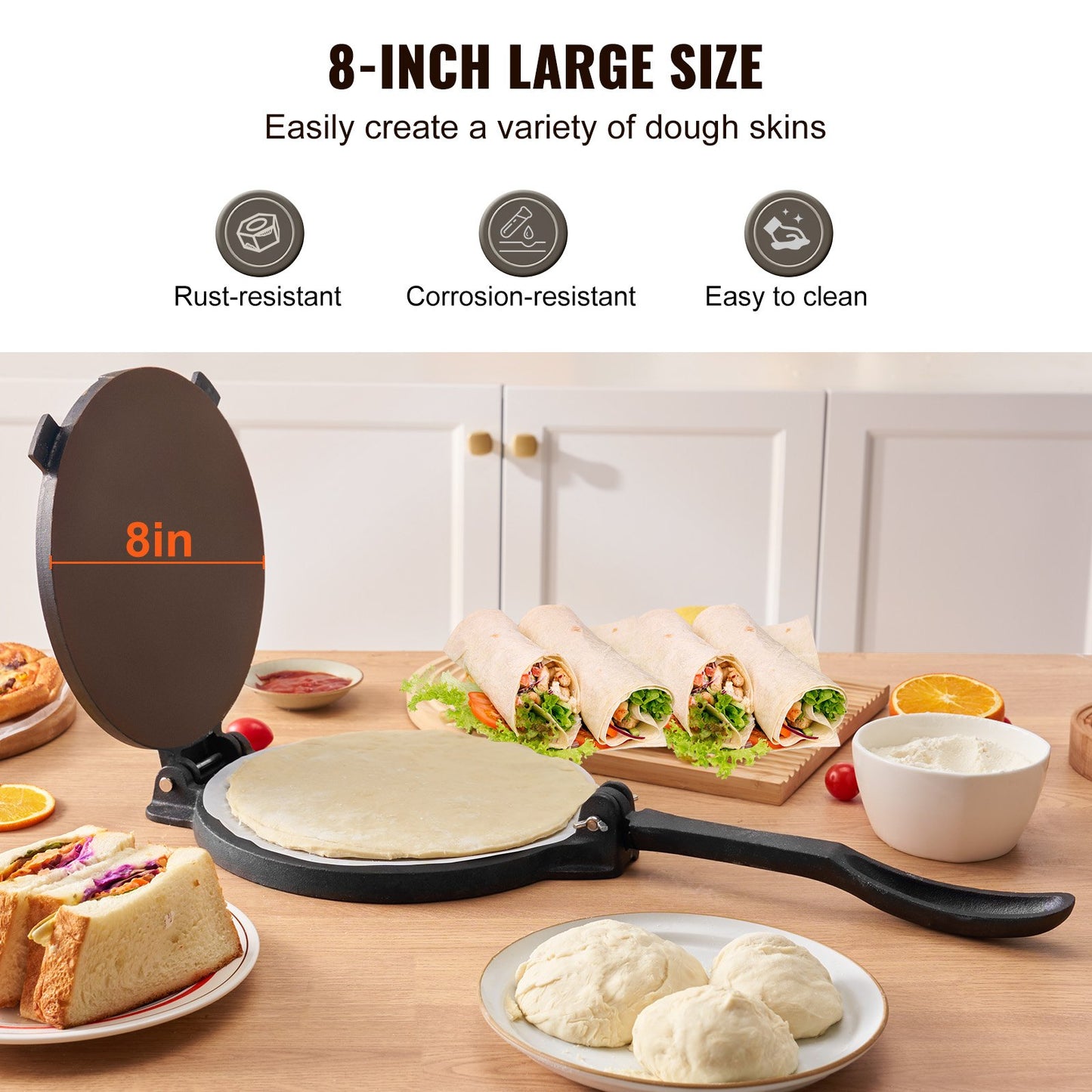 Tortillapresse, 8 Zoll Tortilla- und Roti-Maker, Hochleistungs-Tortilladora-Presse aus Gusseisen, vorgewürzter Pataconera-Maker mit 100 Stück Pergamentpapier, Teigmaschine für Mehltortilla, Tawa, Silber