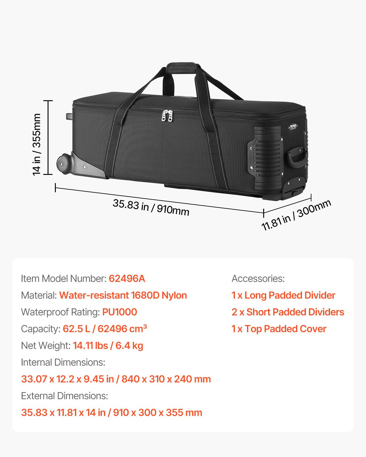 Trolley-Koffer für Studioausrüstung, 35,83 x 11,81 x 14 Zoll, Kameratasche mit Rollen