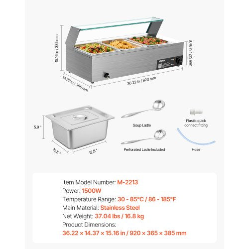Commercial Food Warmer with 3 Pans, 1500W, Buffet Water Heater with Glass Lid | EU
