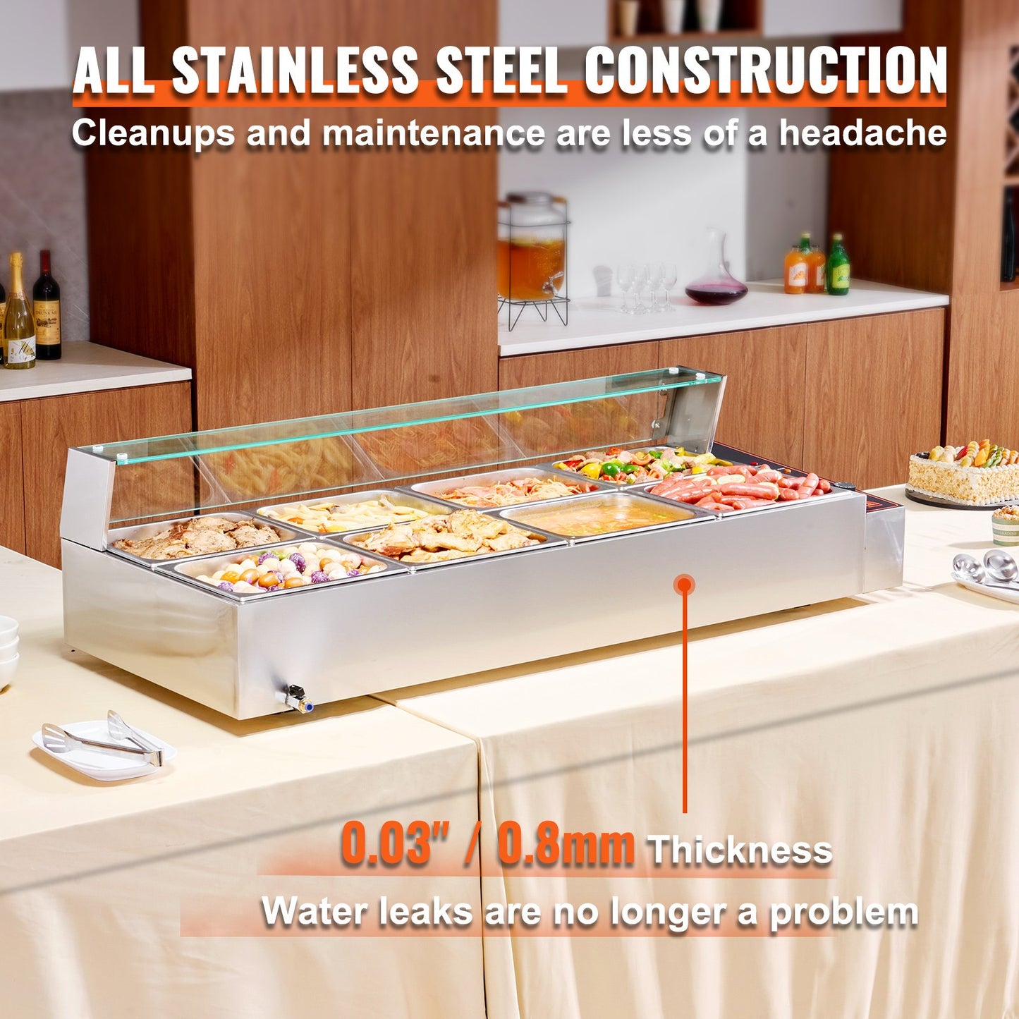 Kommerzieller elektrischer Speisenwärmer für die Arbeitsplatte, Buffet, 8 x 8 Qt, mit Glasschild