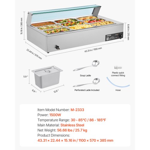 Kommersiell matvärmare, 1500W elektrisk ångvärmare i rostfritt stål med glaslock, 9-pannors bänkskiva med buffébad och perforerade slev, för catering, restaurang och fest | EU