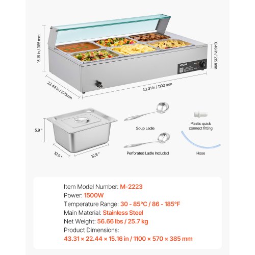 Kommersiell matvärmare, 1500W elektrisk ångvärmare i rostfritt stål med glaslock, 6 x 1/2-pannor, buffé, bain-marie med soppa och perforerade slevar, för catering, restaurang och fest | EU