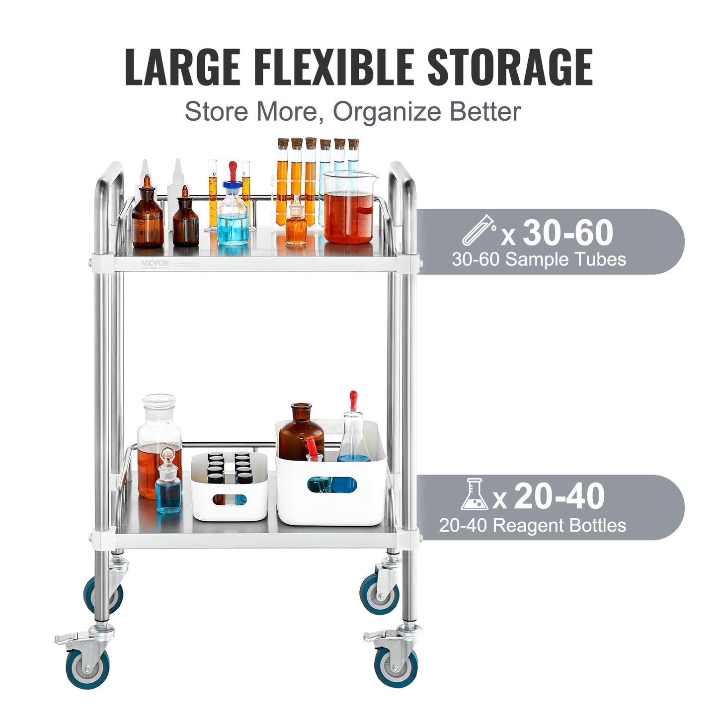 Lab Rolling Cart, 2-Shelf Stainless Steel Rolling Cart, Lab Serving Cart with Swivel Wheels, Dental Utility Cart for Clinic, Lab, Hospital, Salon, 15.16"x21.57"x34.06