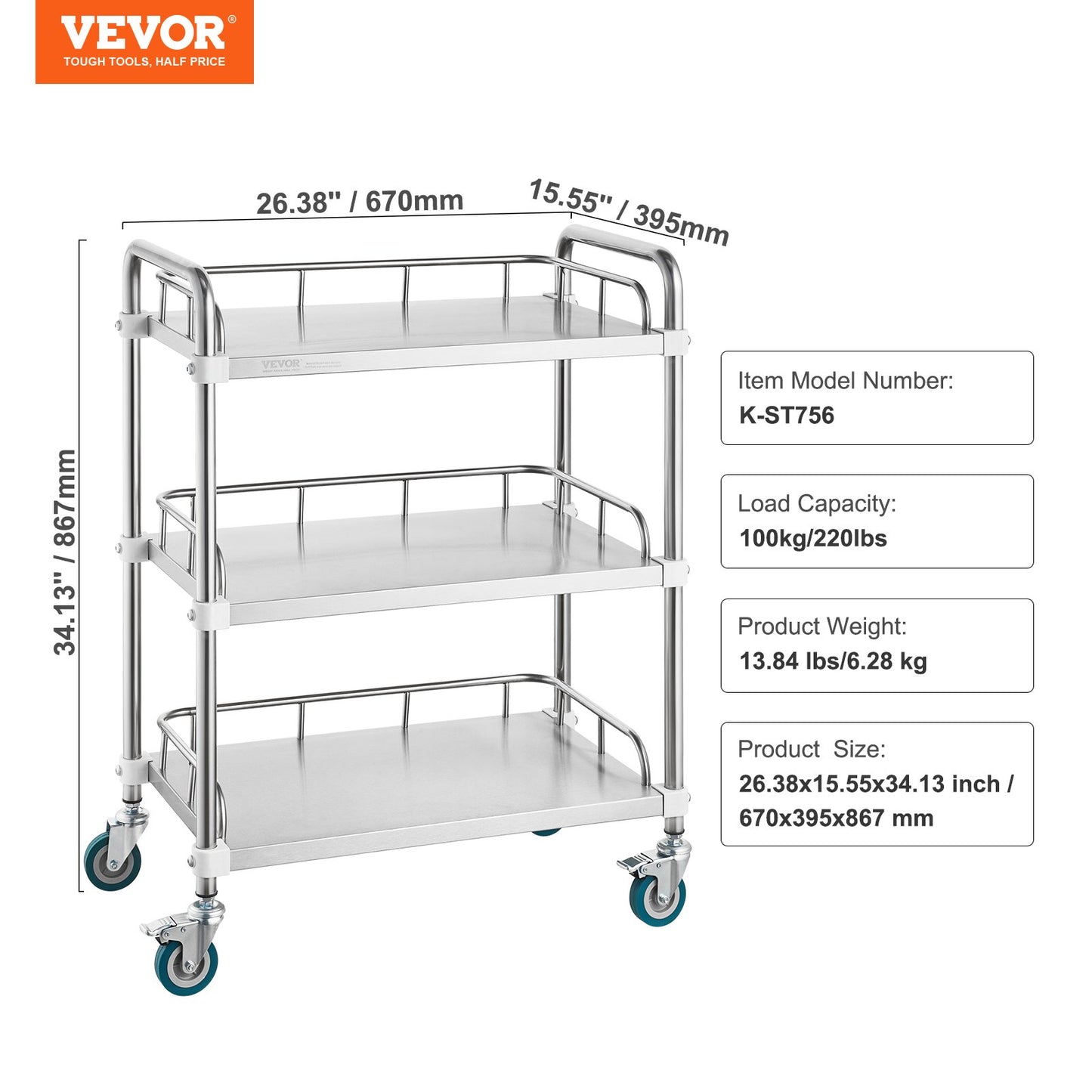 Lab Rolling Cart, 3-hylls rostfritt stål Rolling Cart, Lab Servering Cart med svängbara hjul, Dental Utility Cart för klinik, labb, sjukhus, salong, 26,38"x15,55"x34,13