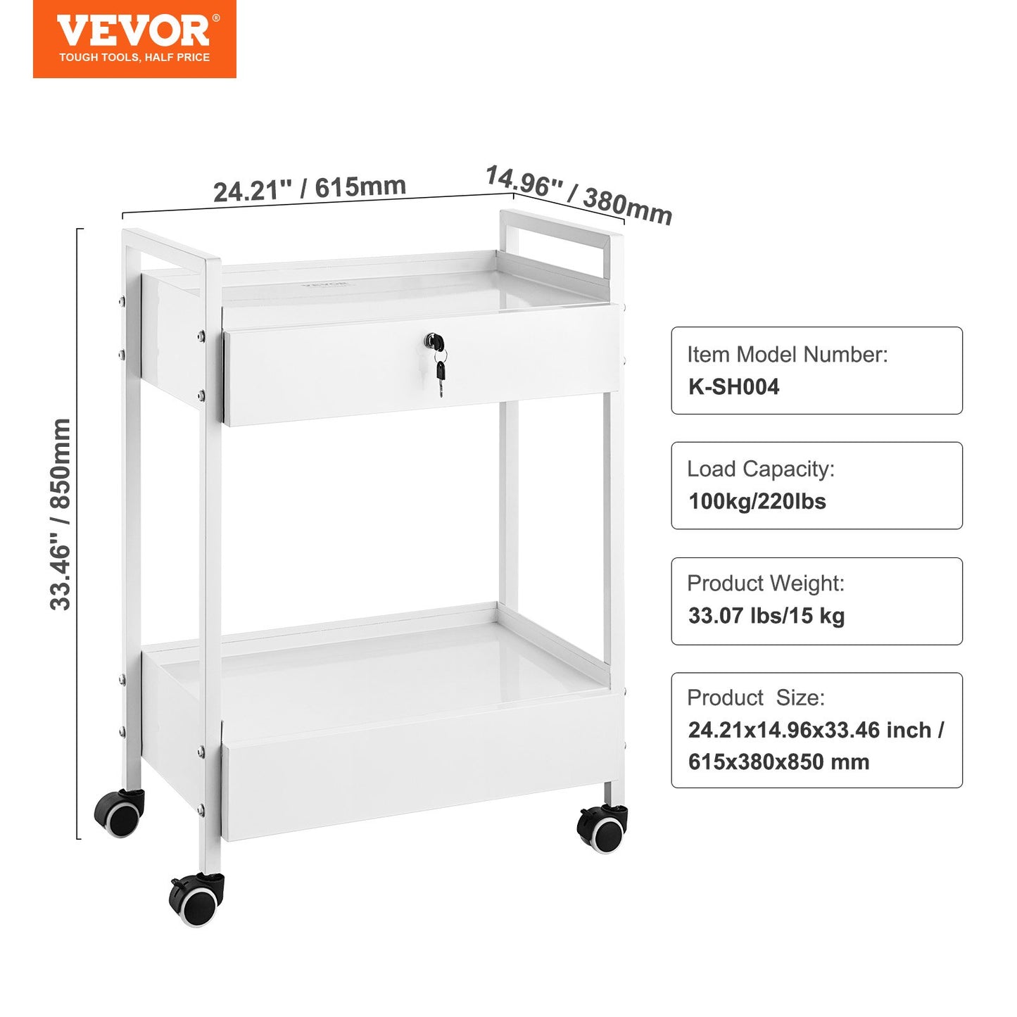 Lab cart, 2-tier stainless steel cart, medical cart with 2 drawers, rolling lab cart white color, serving cart with swivel wheels for laboratories, hospitals, dentistry, salon and beauty